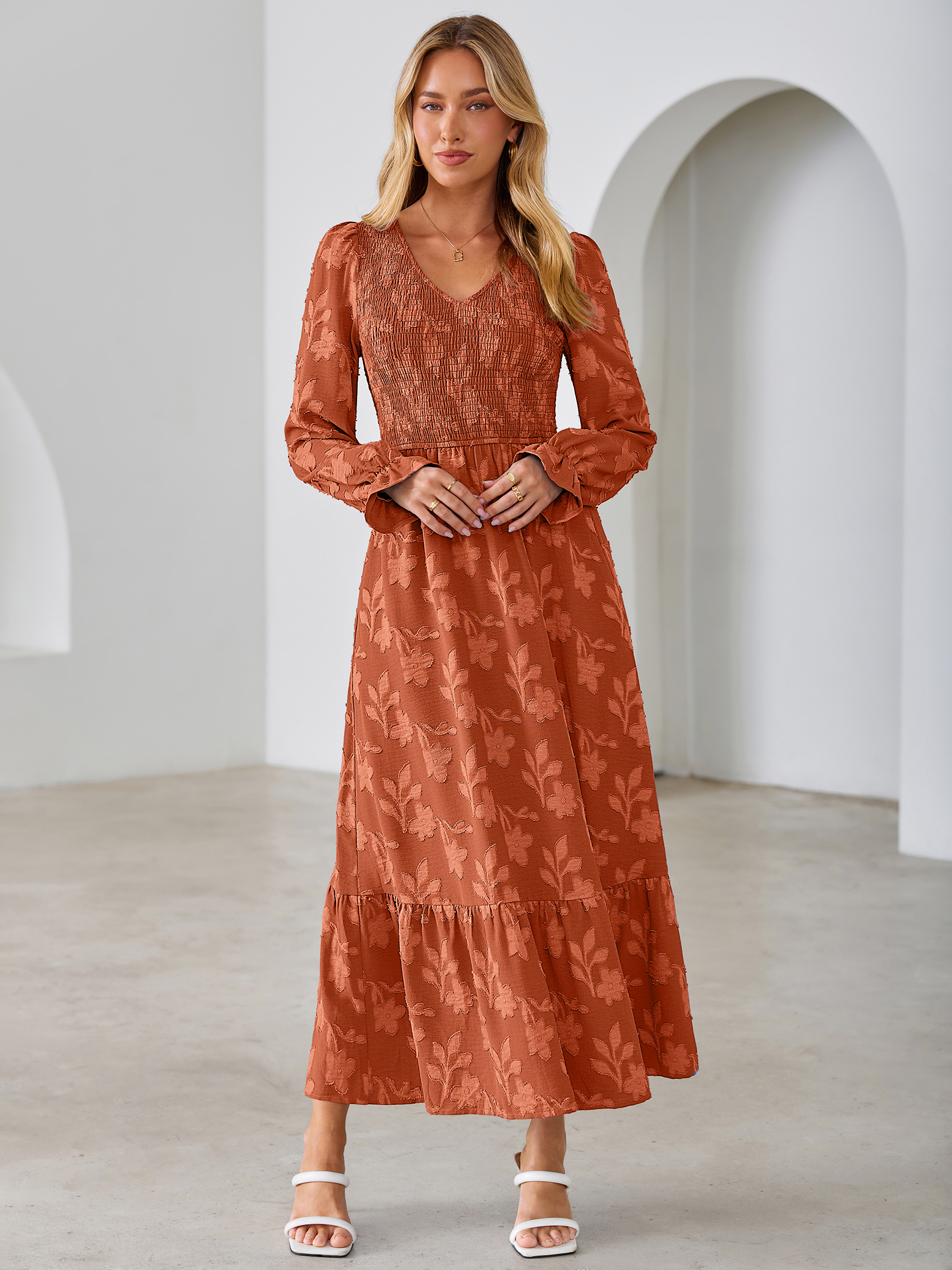 Floral Burnout Smocked V Neck Maxi Dress