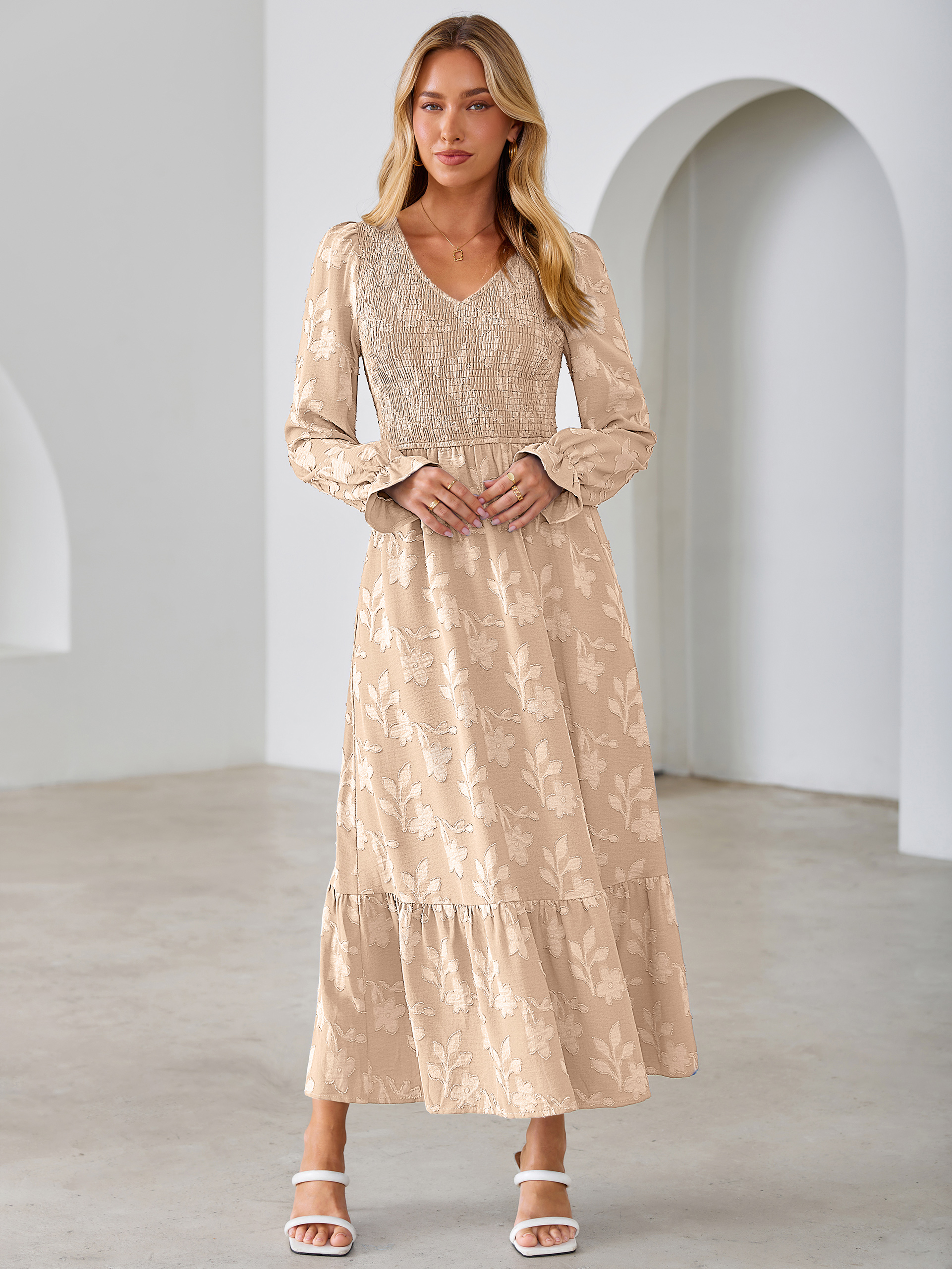 Floral Burnout Smocked V Neck Maxi Dress