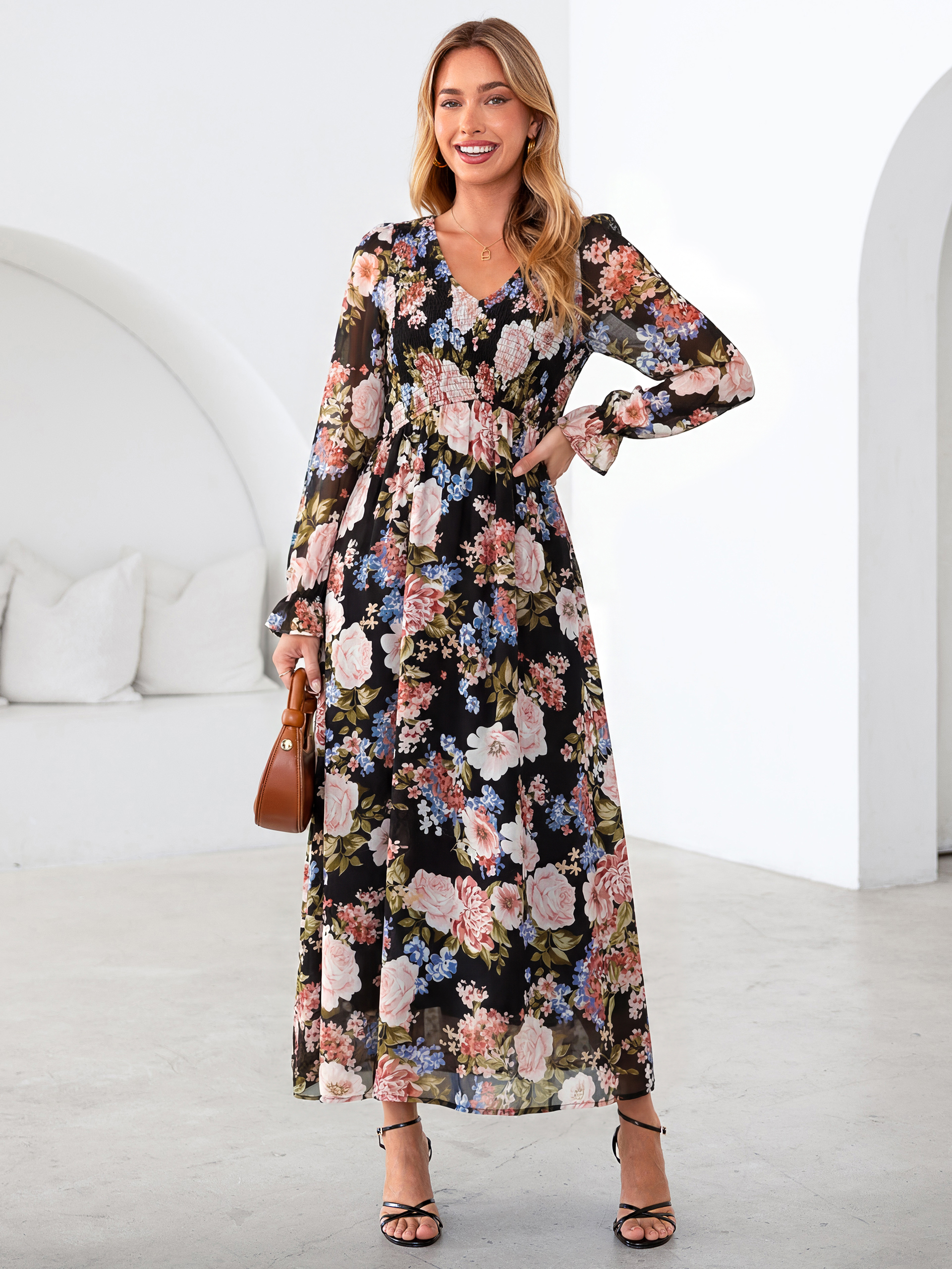 Floral Chiffon Smocked V Neck Maxi Dress