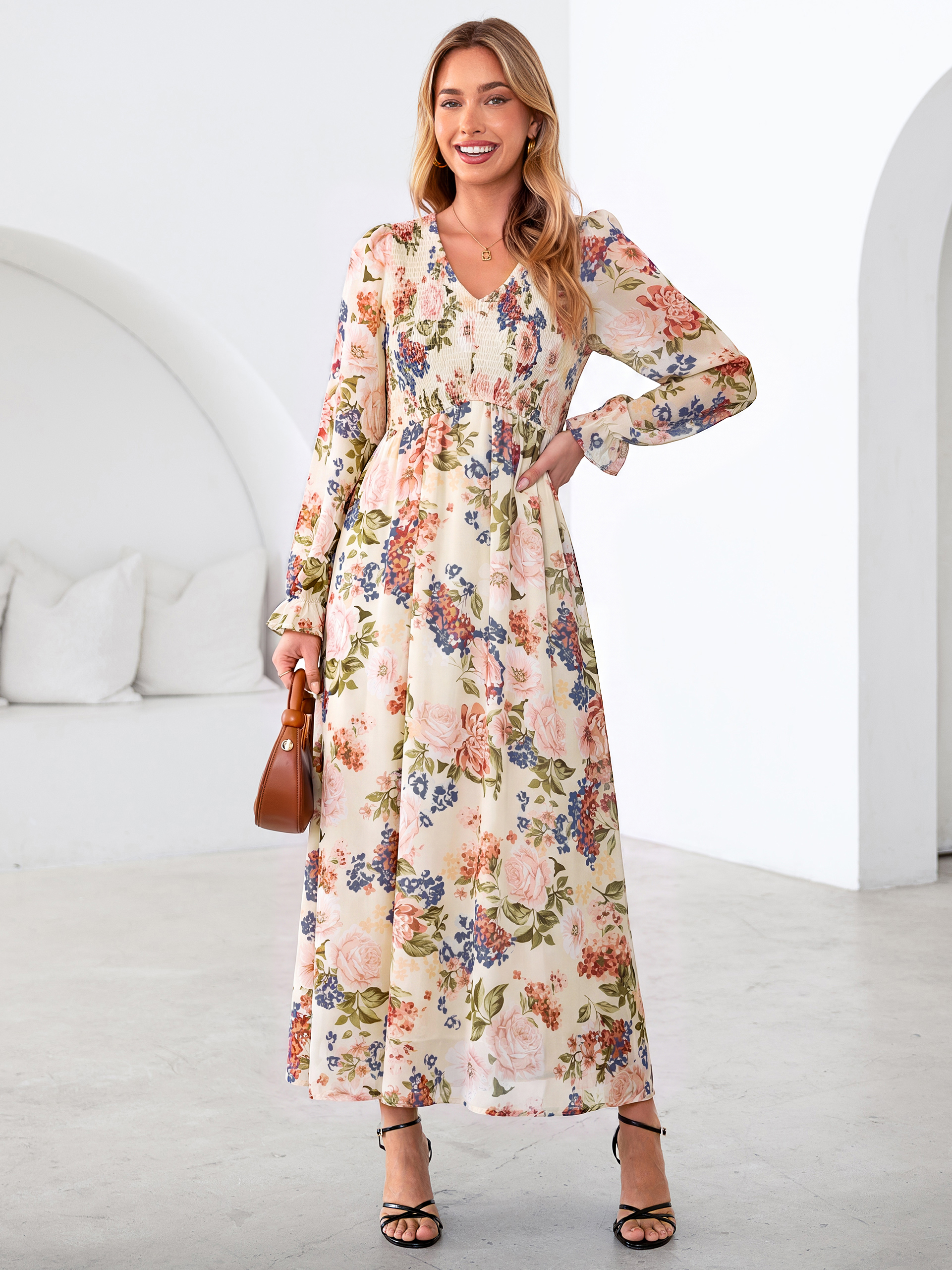 Floral Chiffon Smocked V Neck Maxi Dress