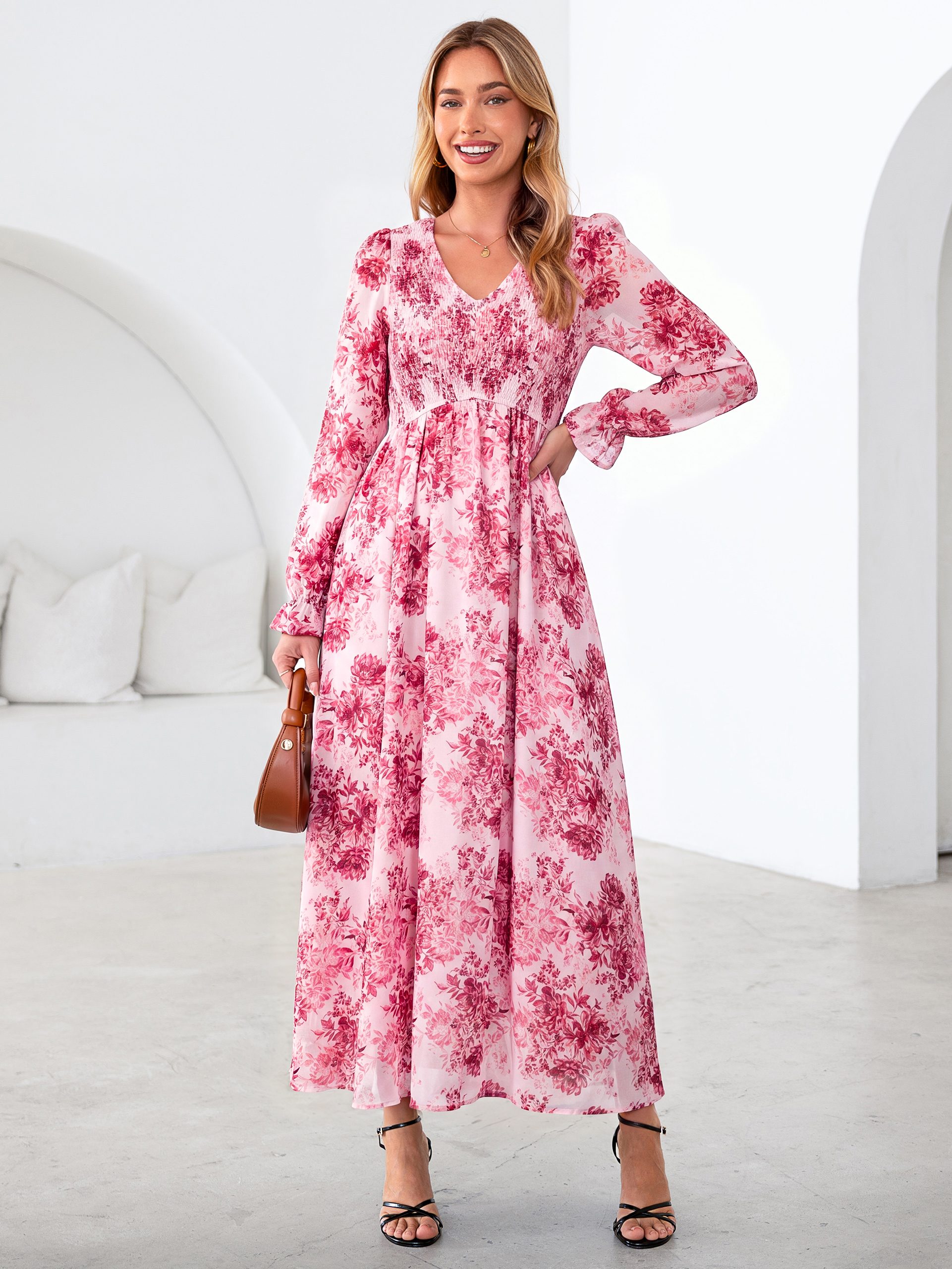 Floral Chiffon Smocked V Neck Maxi Dress