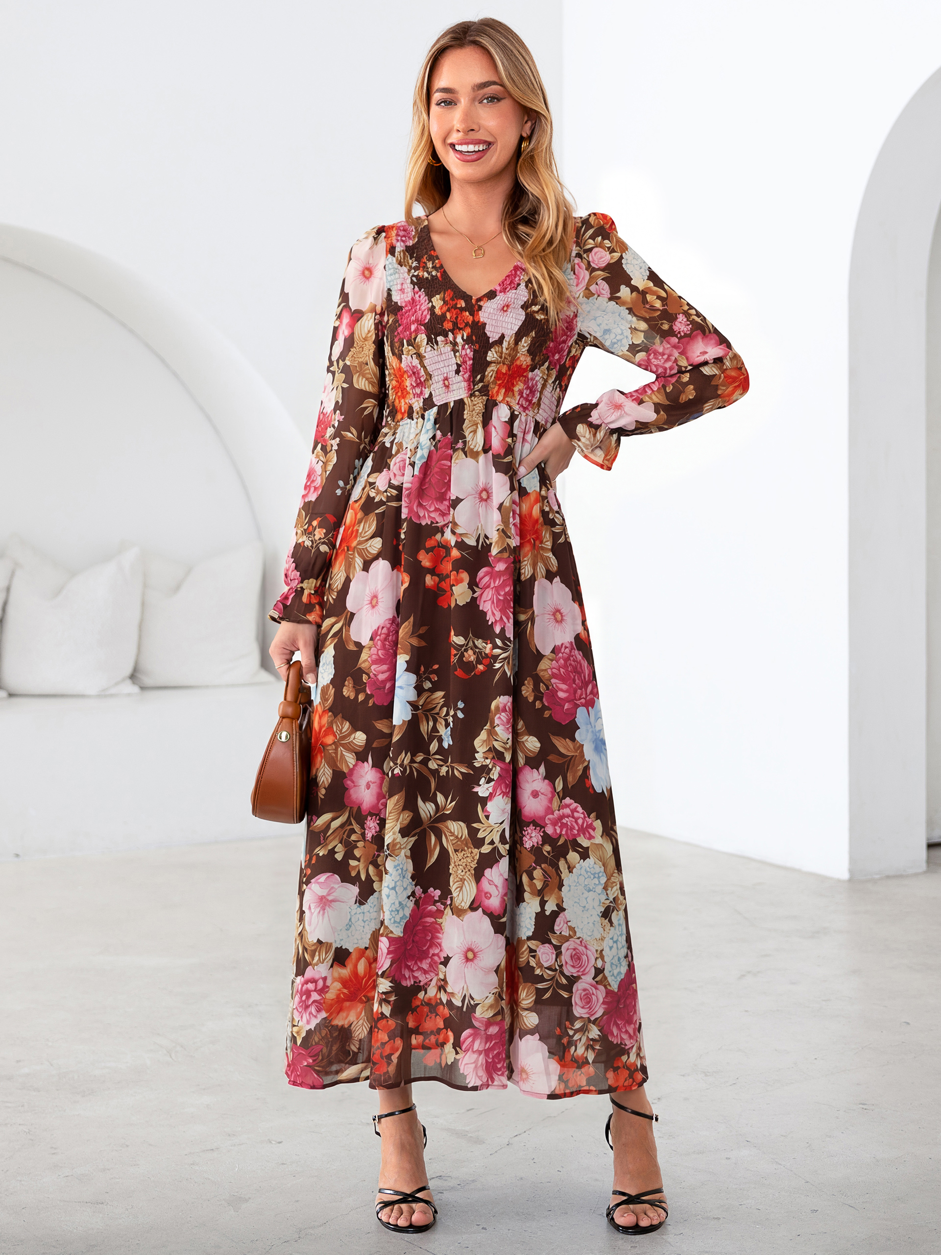 Floral Chiffon Smocked V Neck Maxi Dress