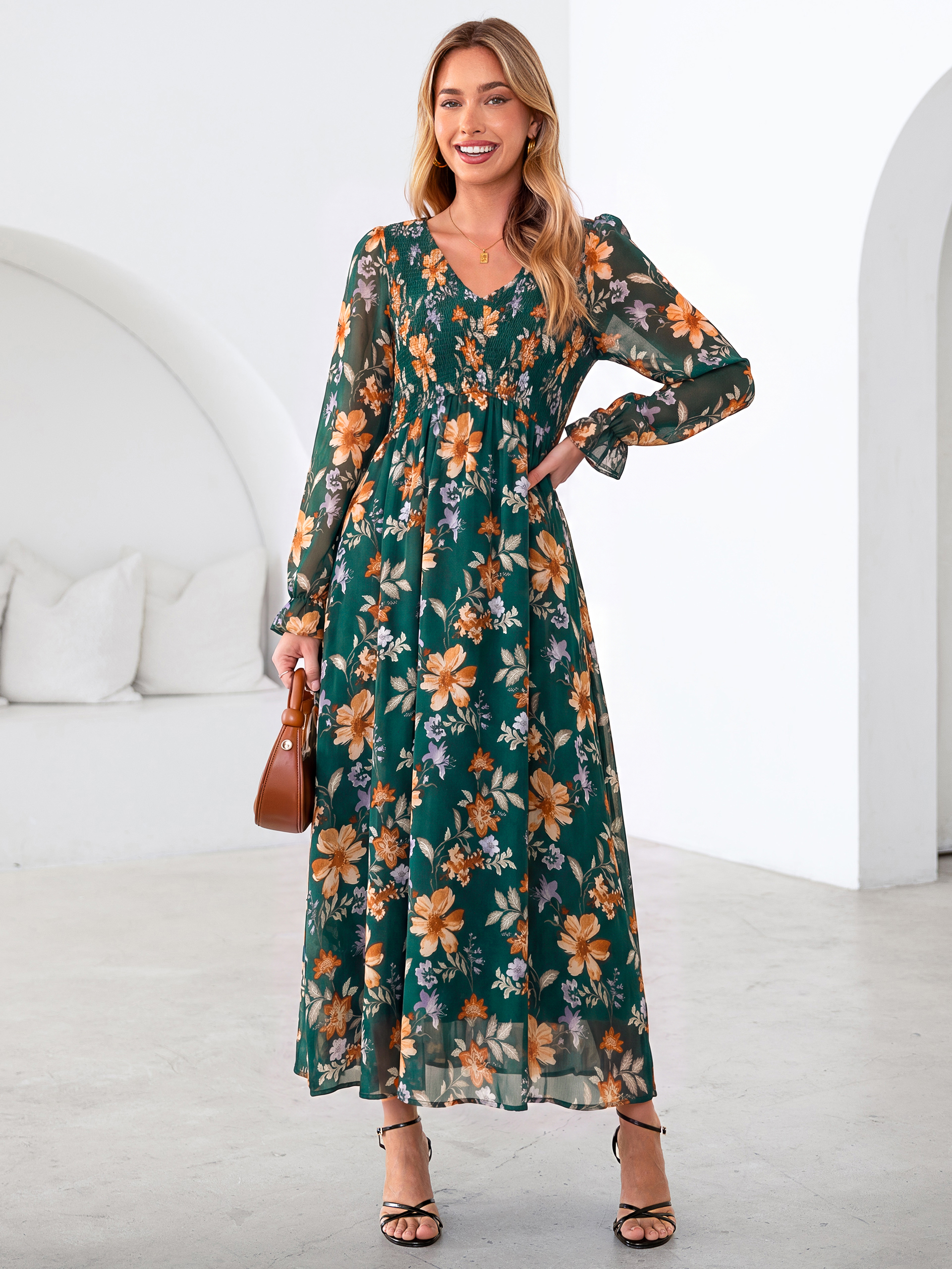Floral Chiffon Smocked V Neck Maxi Dress
