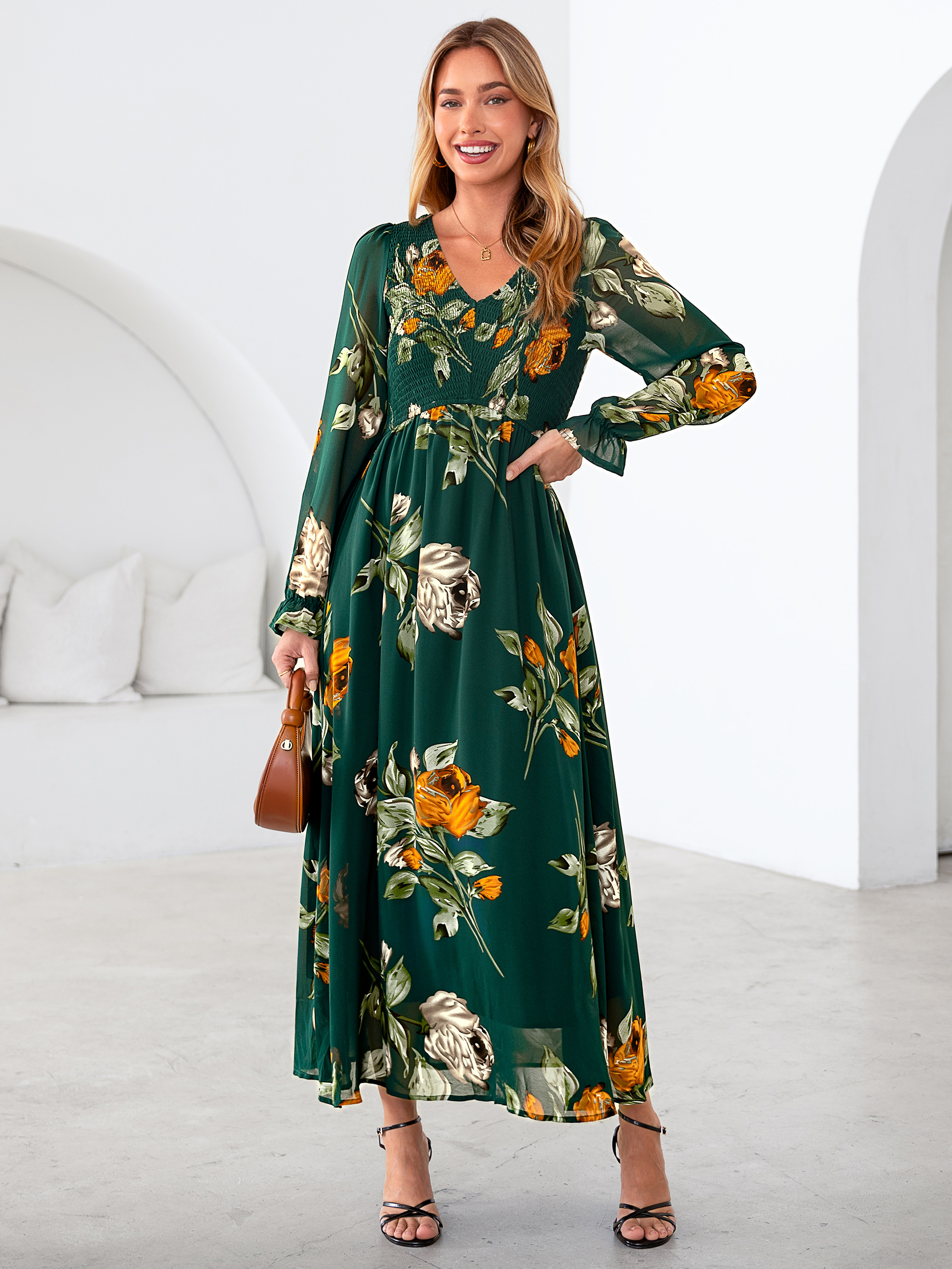 Floral Chiffon Smocked V Neck Maxi Dress