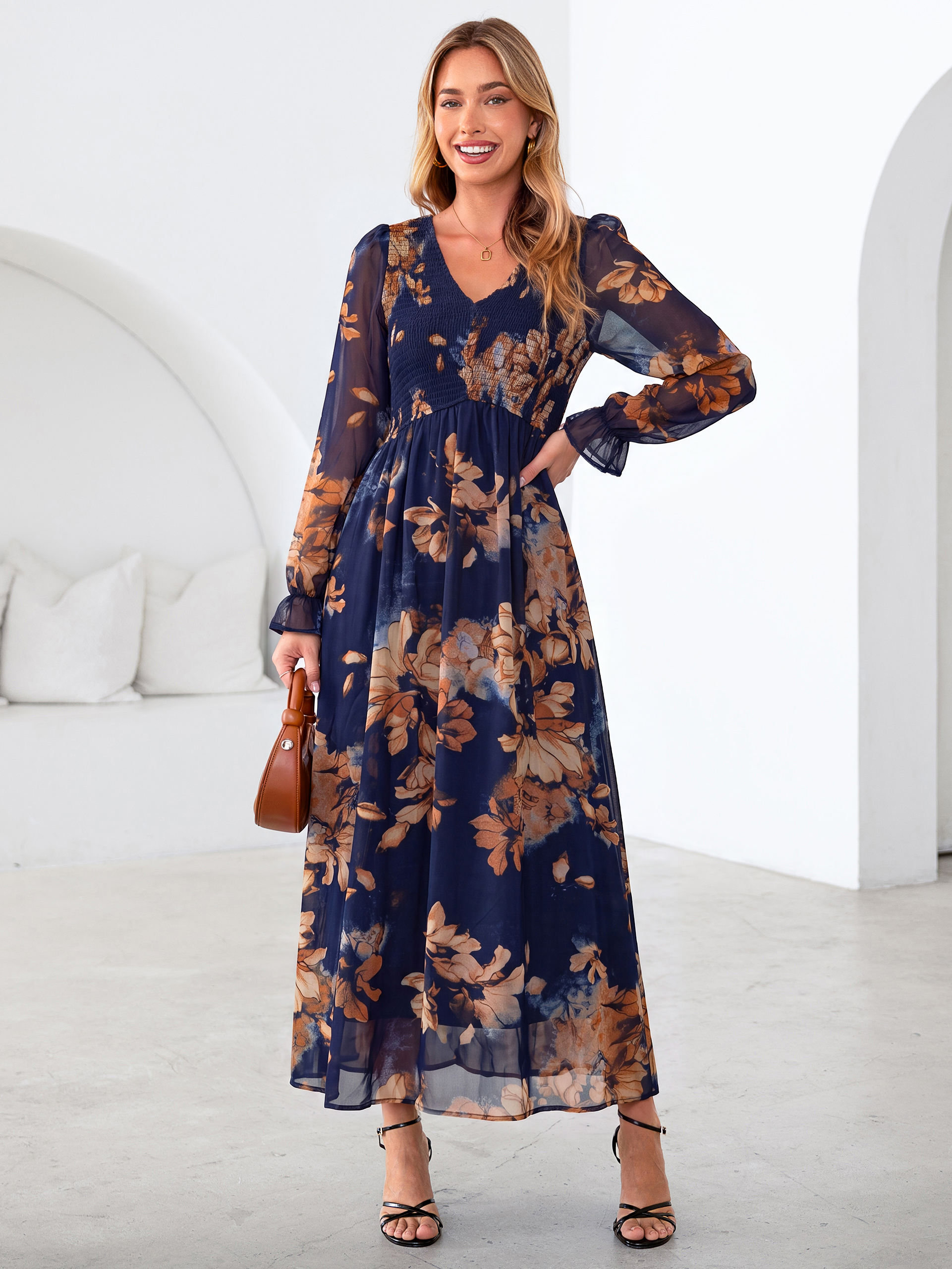 Floral Chiffon Smocked V Neck Maxi Dress