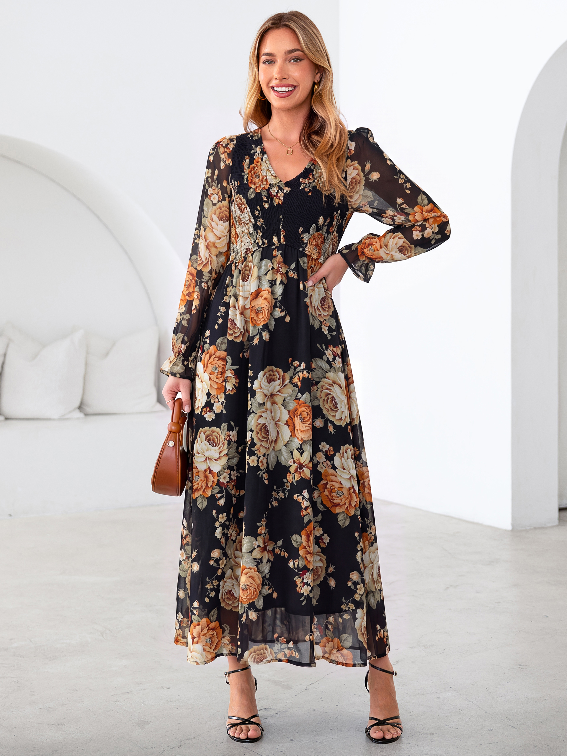 Floral Chiffon Smocked V Neck Maxi Dress