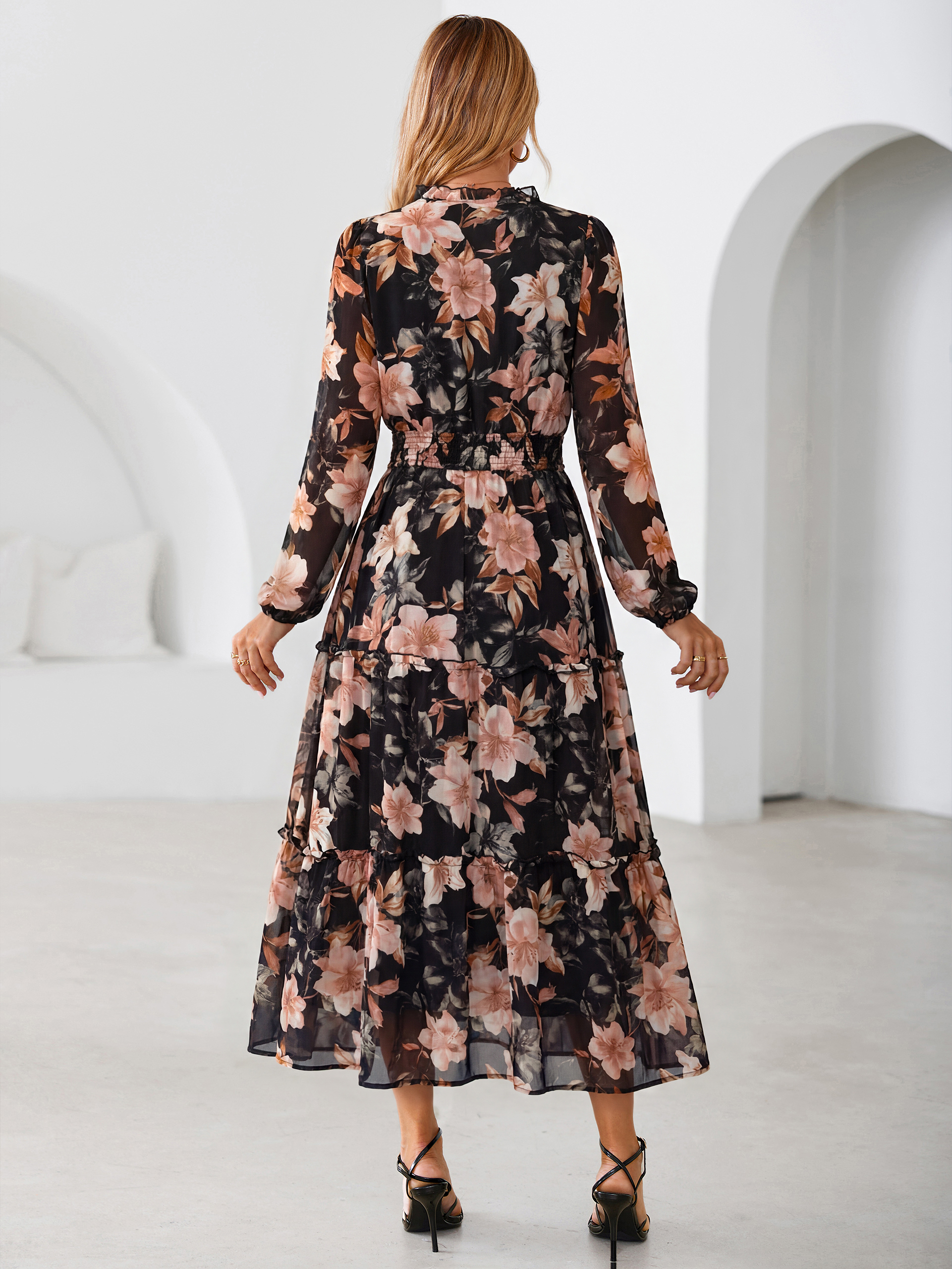 Floral Chiffon Button V Neck Tiered Maxi Dress