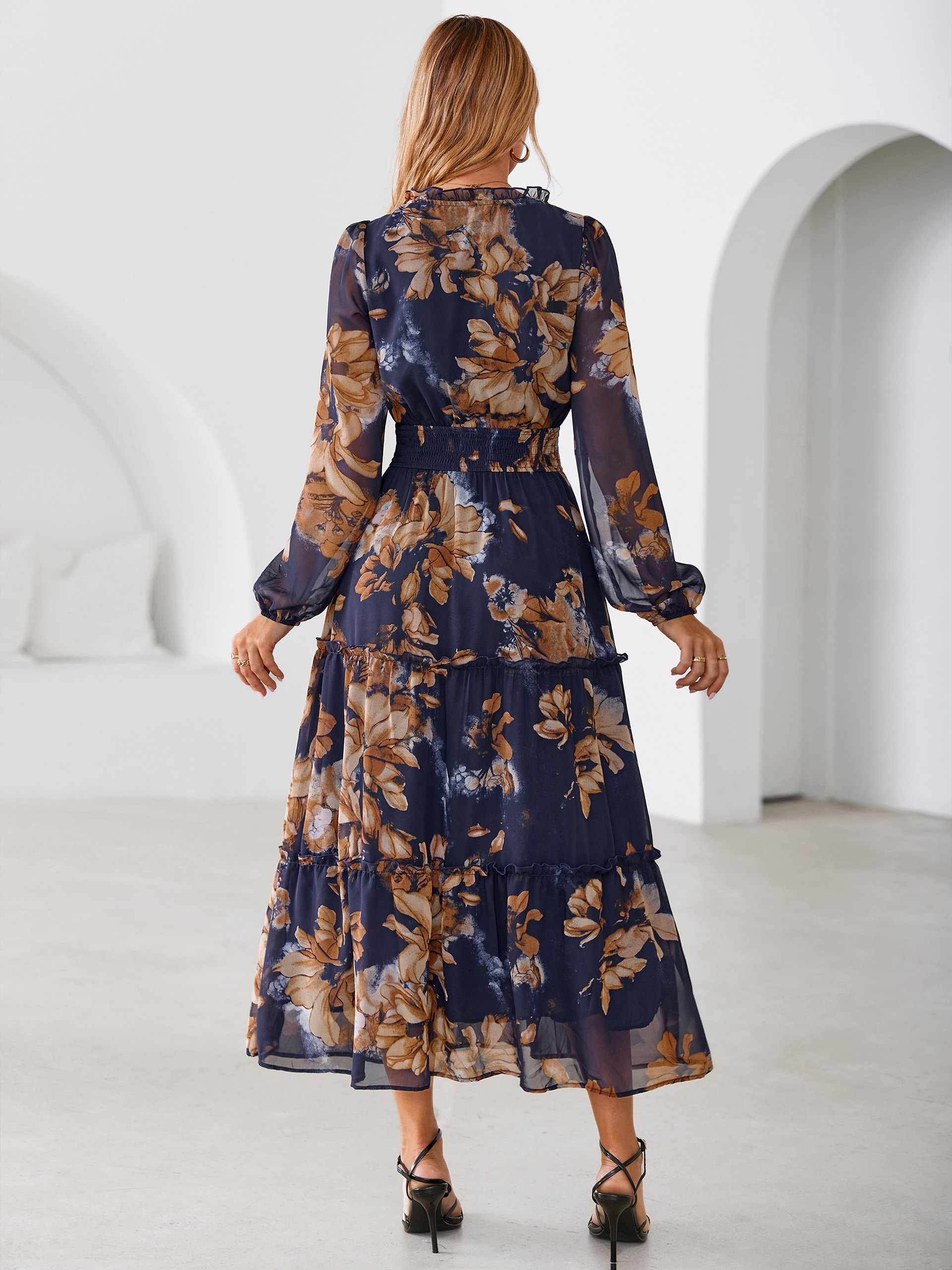 Floral Chiffon Button V Neck Tiered Maxi Dress