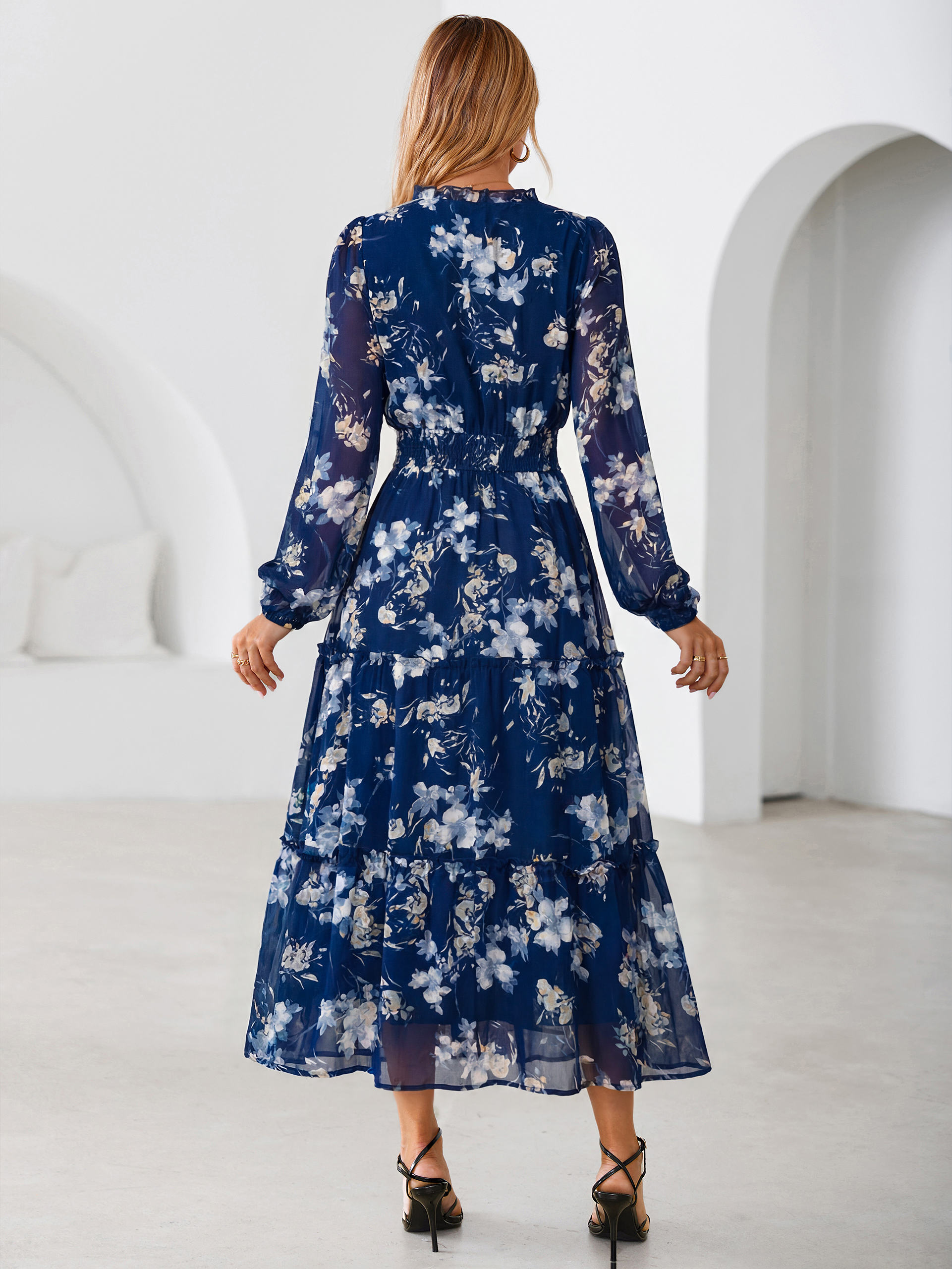 Floral Chiffon Button V Neck Tiered Maxi Dress