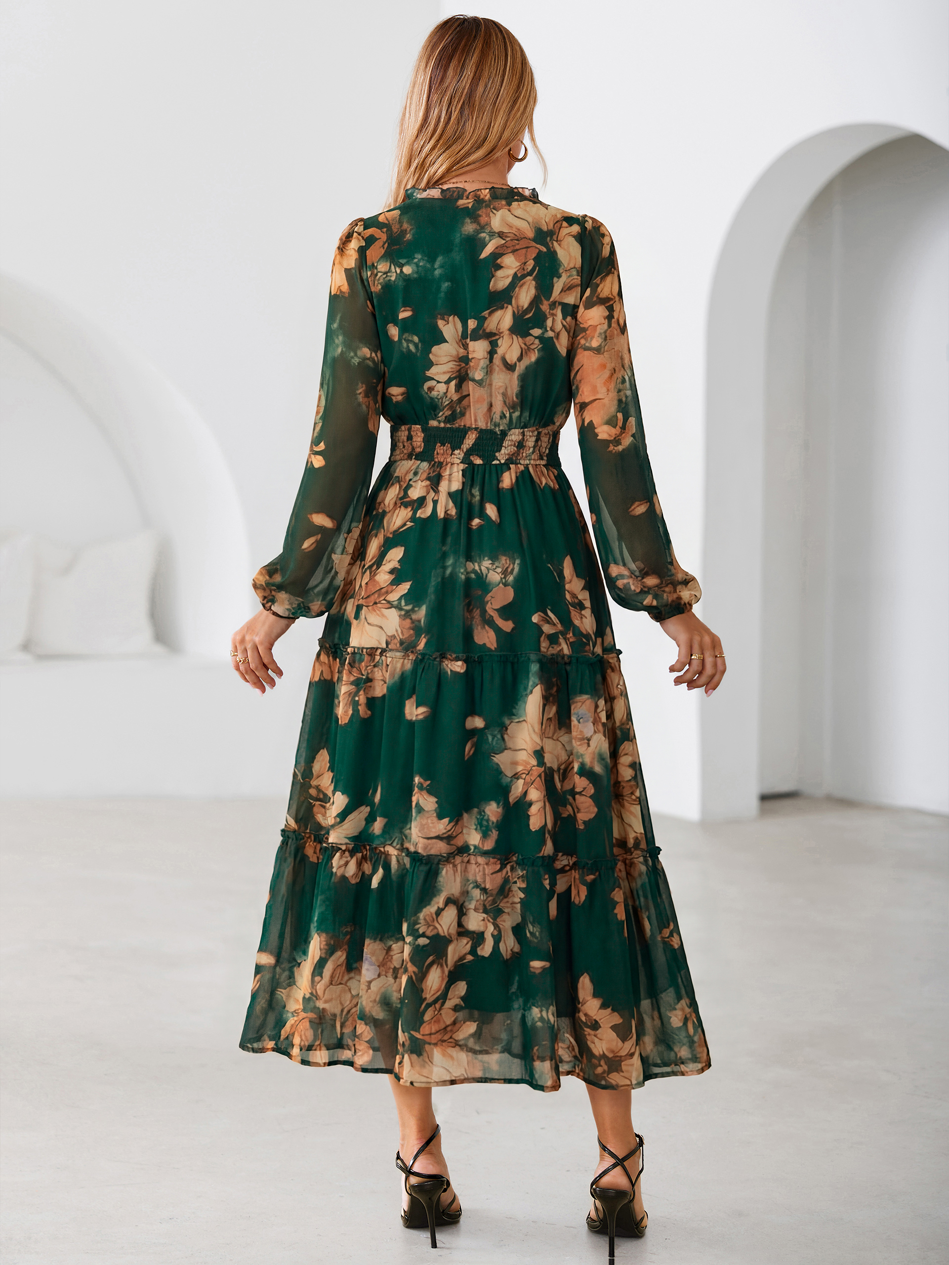 Floral Chiffon Button V Neck Tiered Maxi Dress
