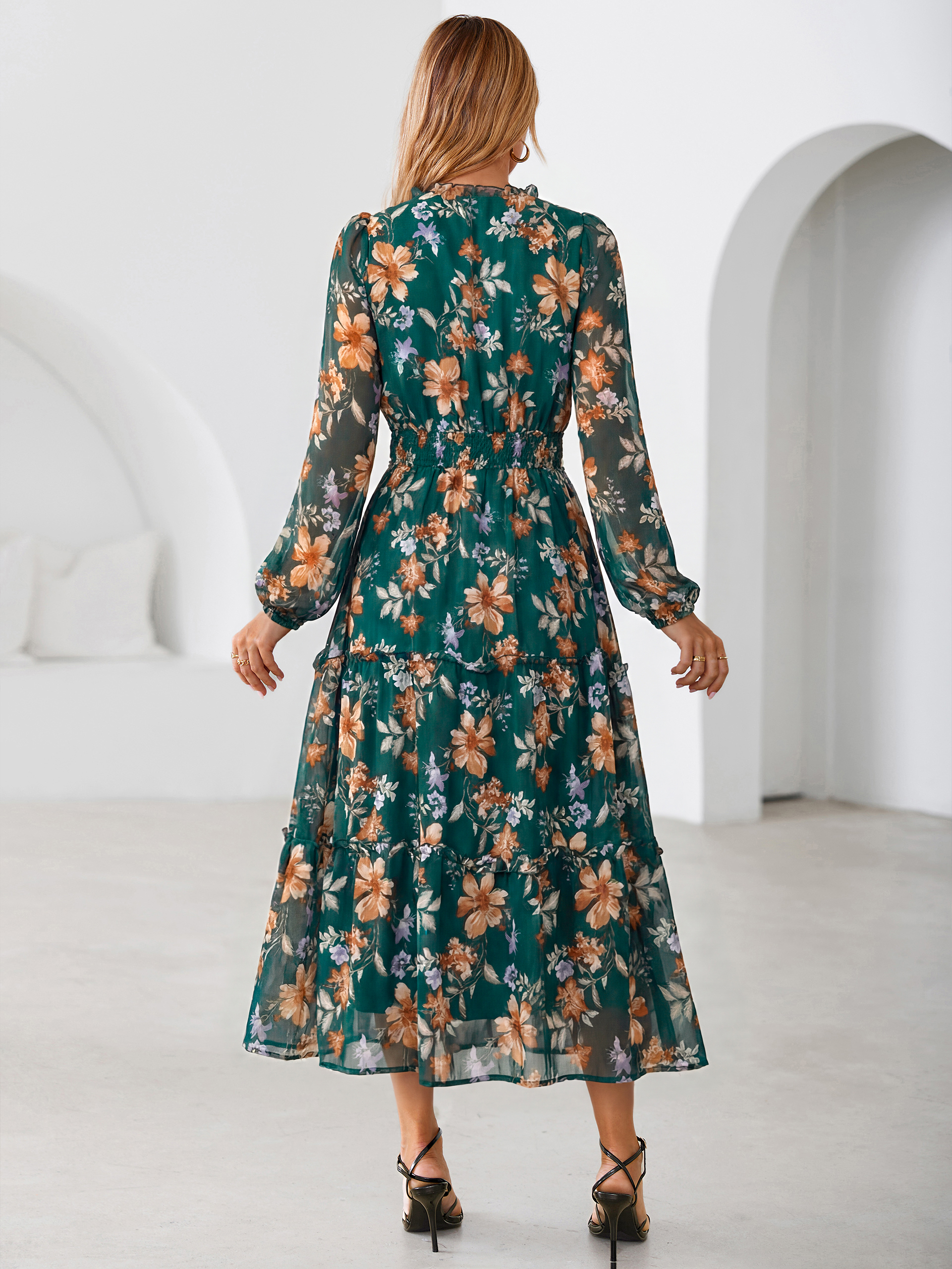 Floral Chiffon Button V Neck Tiered Maxi Dress