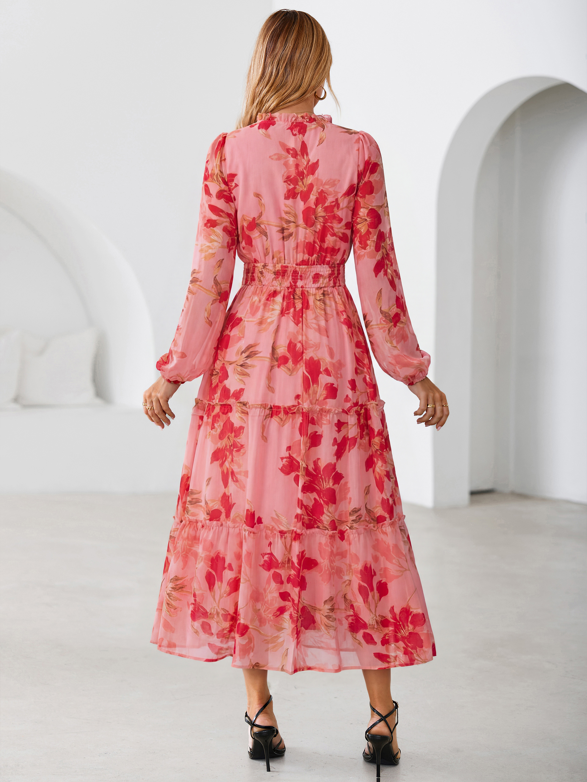 Floral Chiffon Button V Neck Tiered Maxi Dress