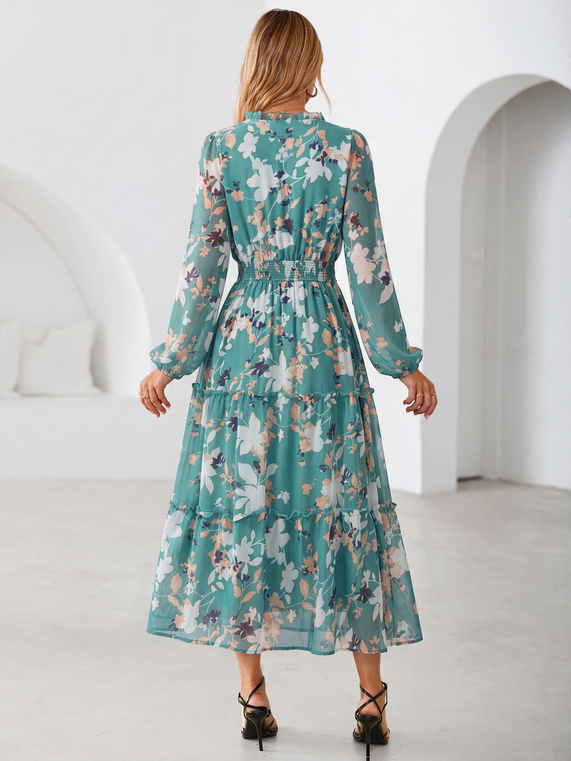 Floral Chiffon Button V Neck Tiered Maxi Dress