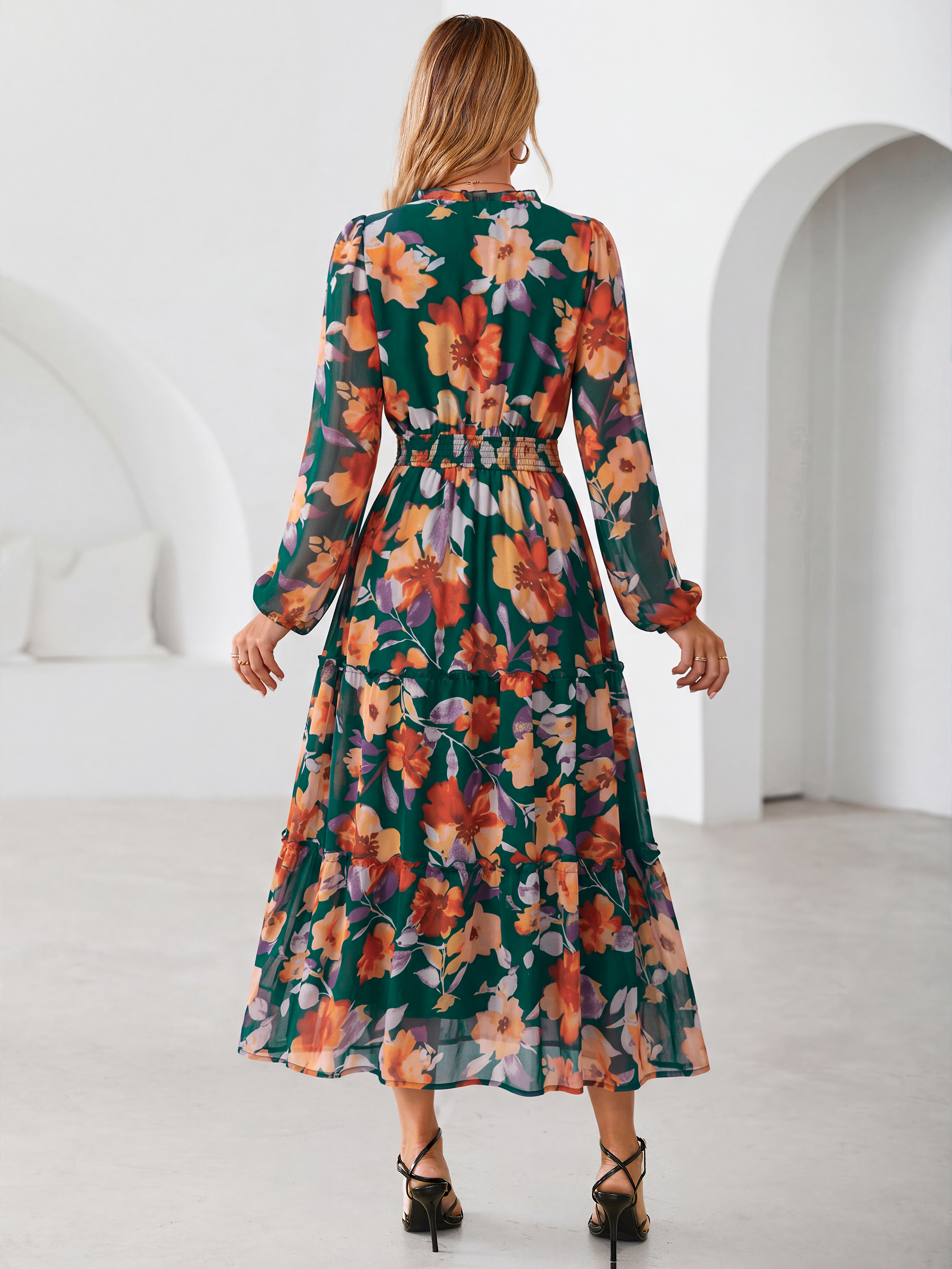 Floral Chiffon Button V Neck Tiered Maxi Dress