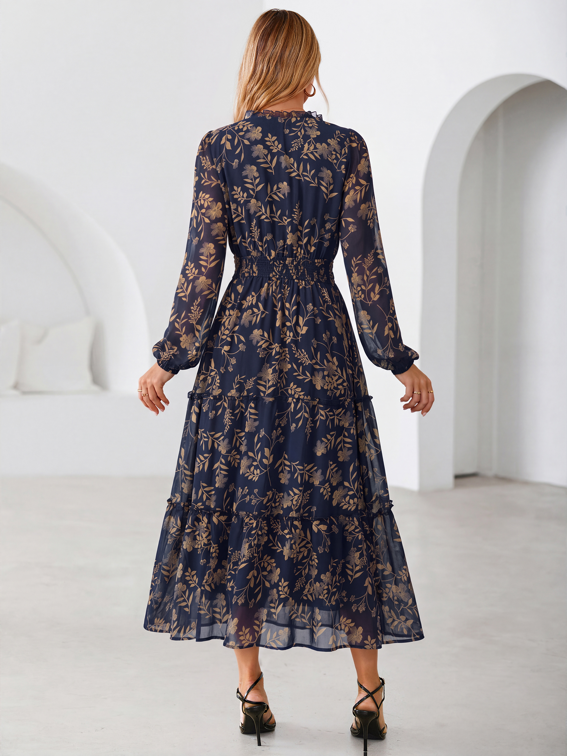 Floral Chiffon Button V Neck Tiered Maxi Dress
