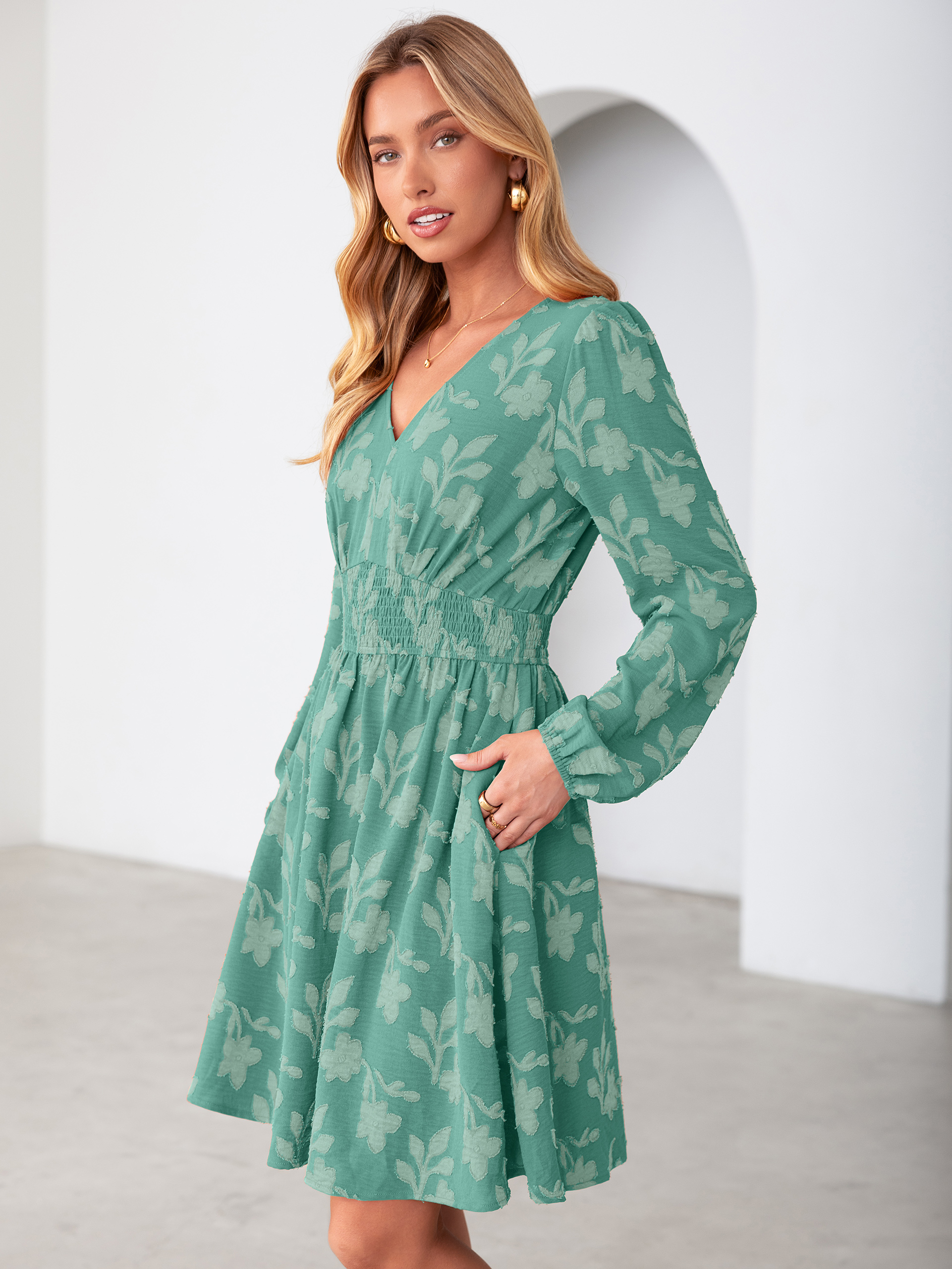 Burnout Floral Smocked V Neck Mini Dress