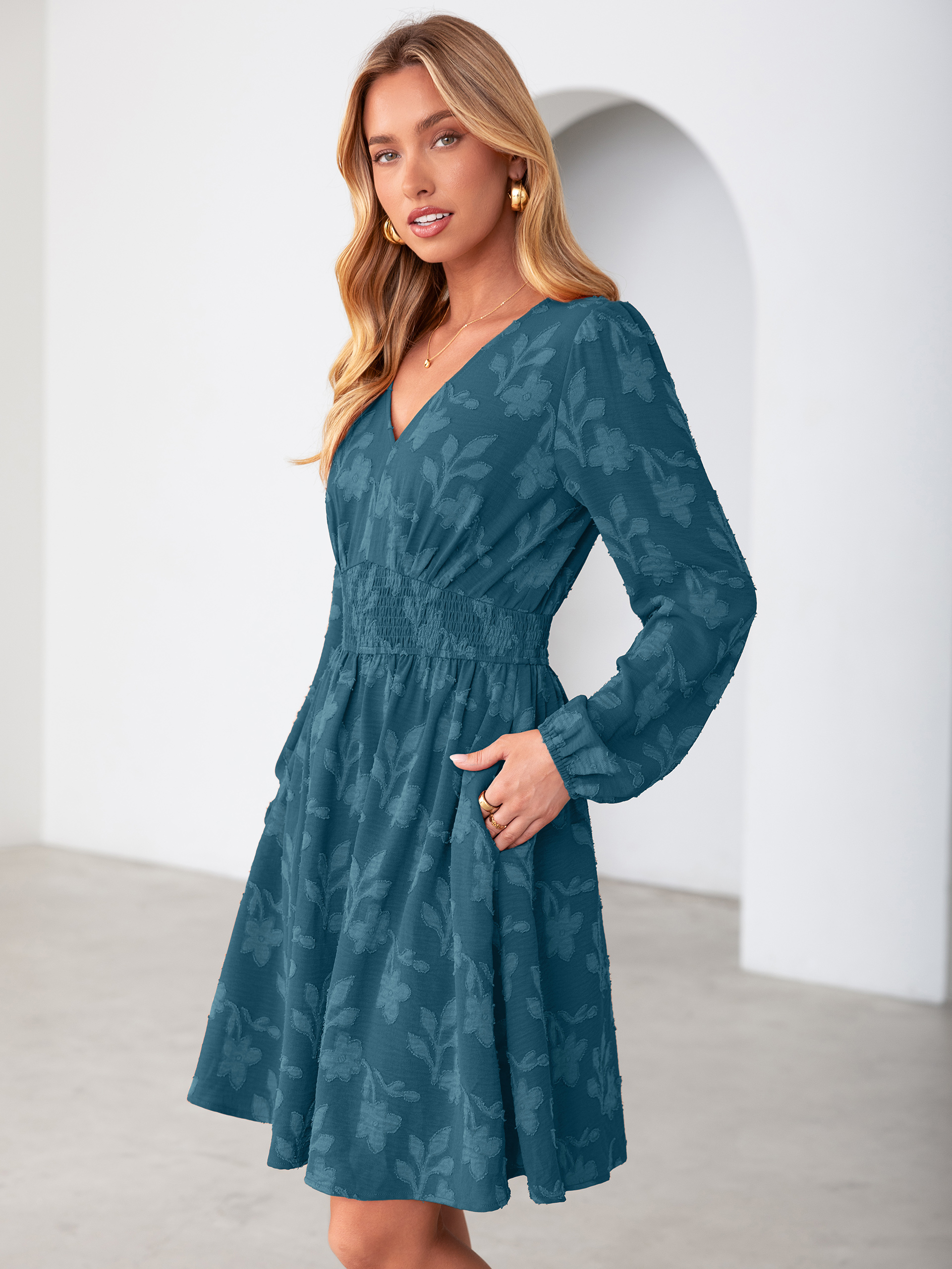 Burnout Floral Smocked V Neck Mini Dress