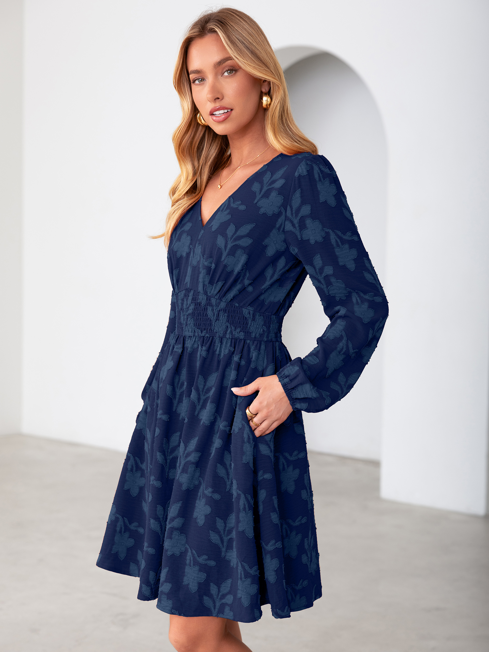 Burnout Floral Smocked V Neck Mini Dress