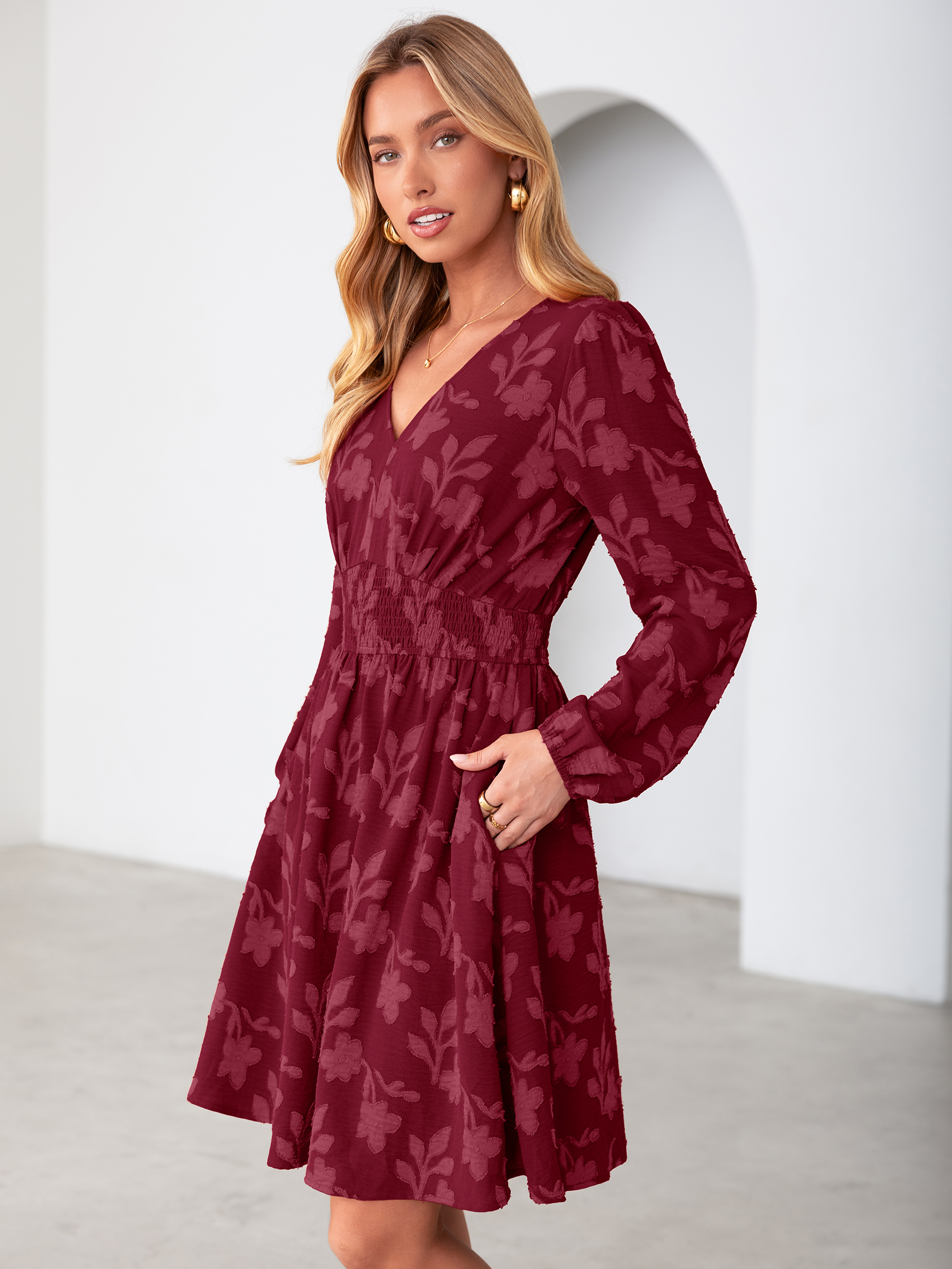 Burnout Floral Smocked V Neck Mini Dress