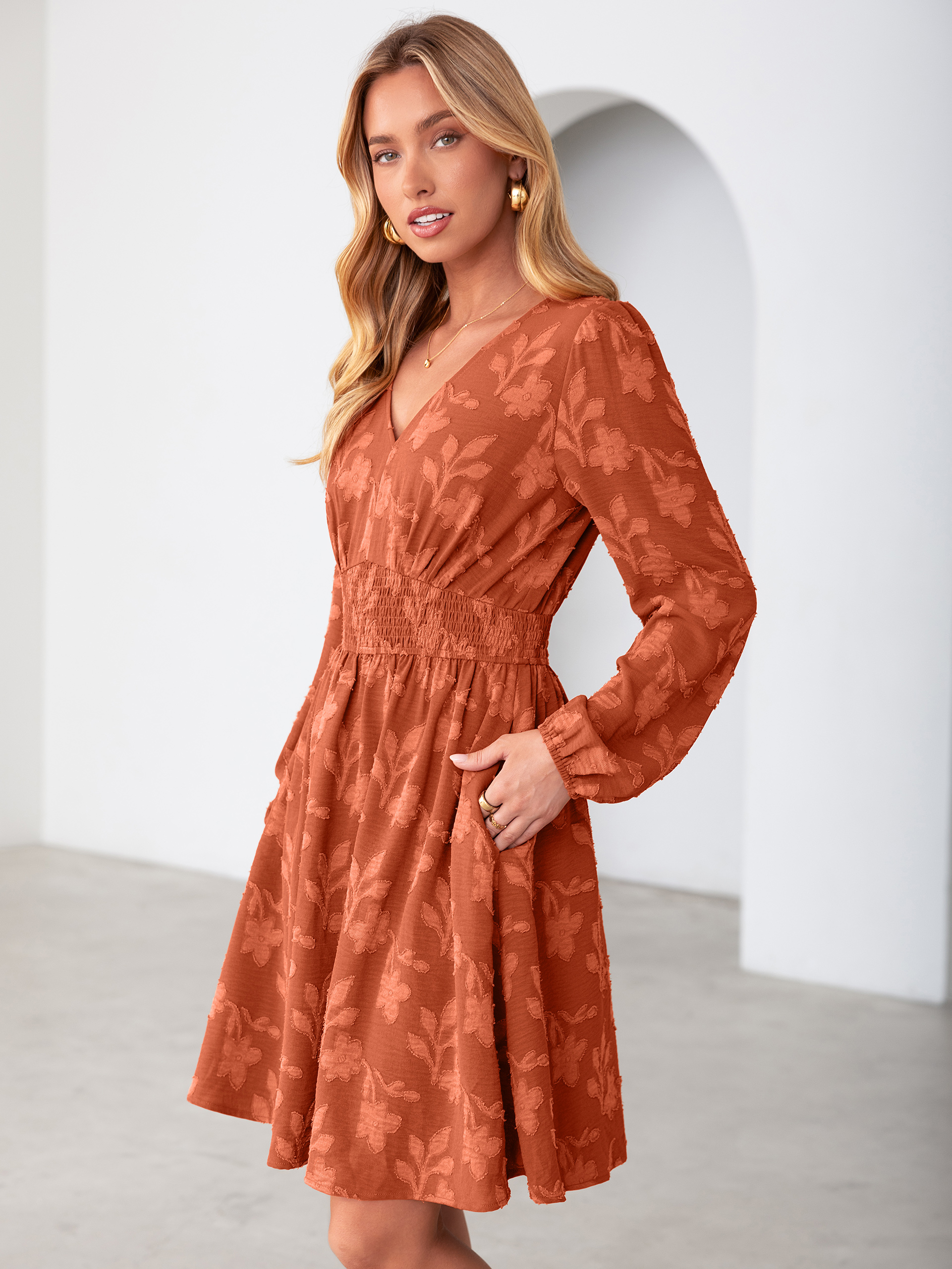 Burnout Floral Smocked V Neck Mini Dress