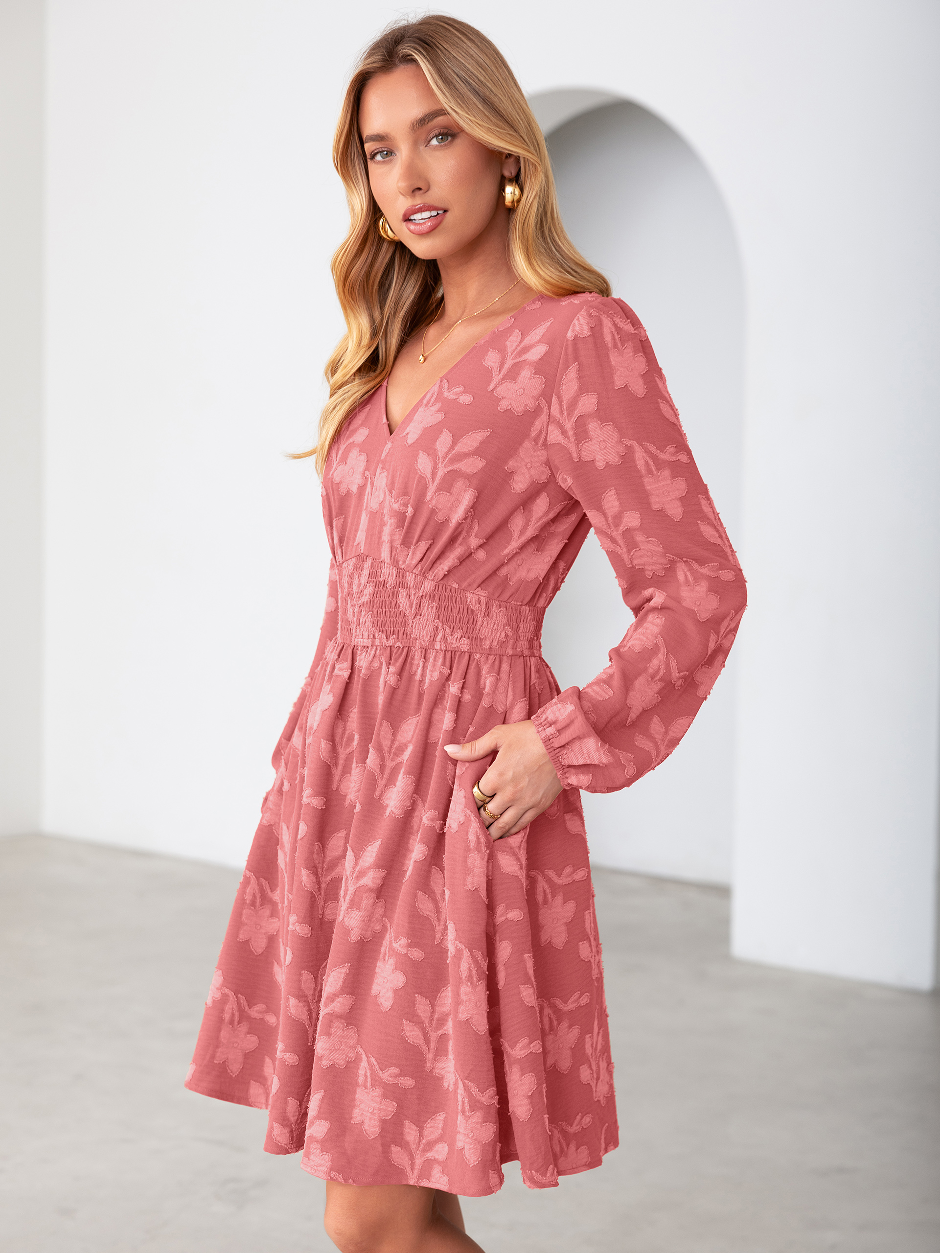 Burnout Floral Smocked V Neck Mini Dress