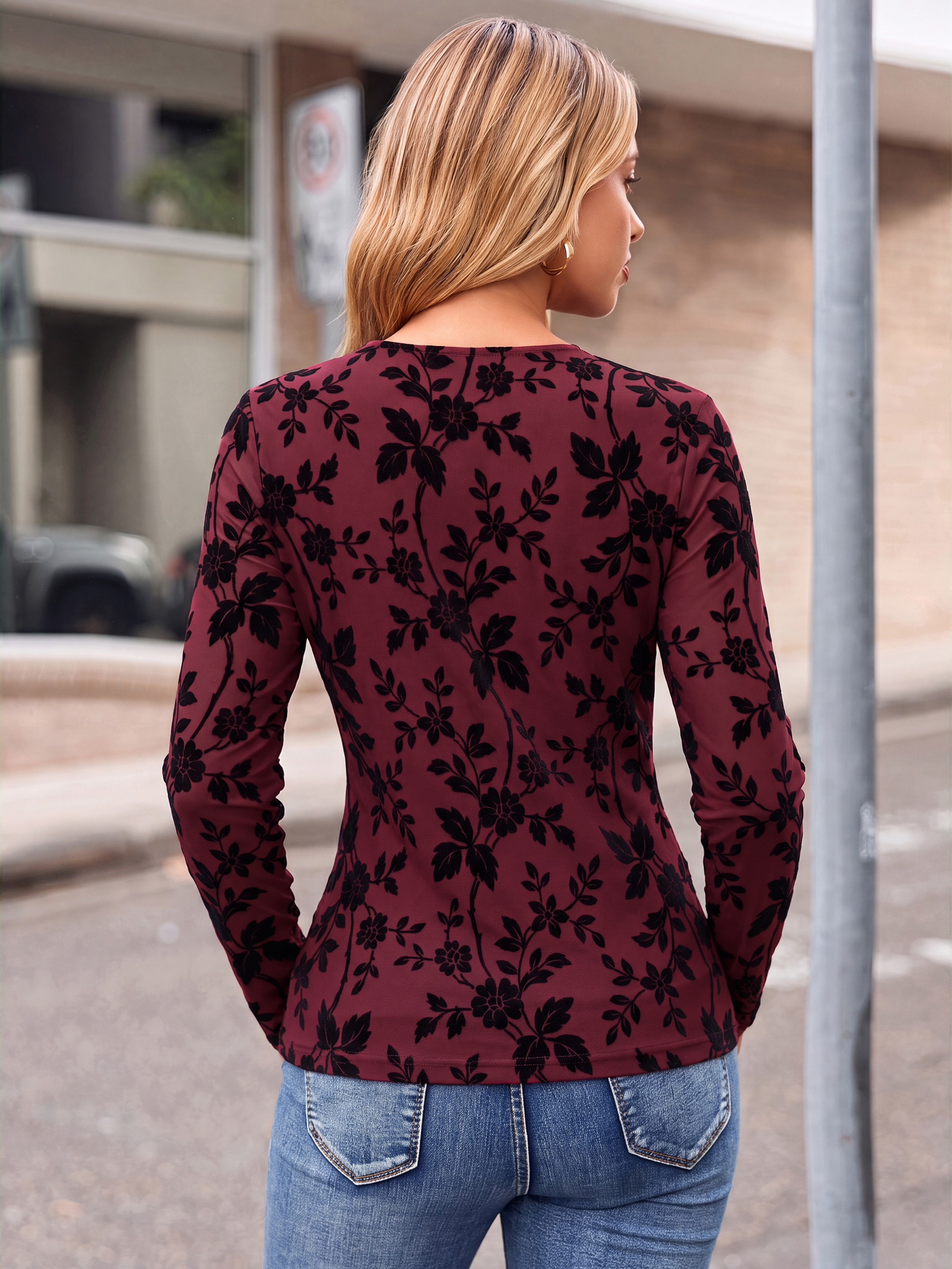 Long Sleeve Flocked Floral Mesh Double Lined Top