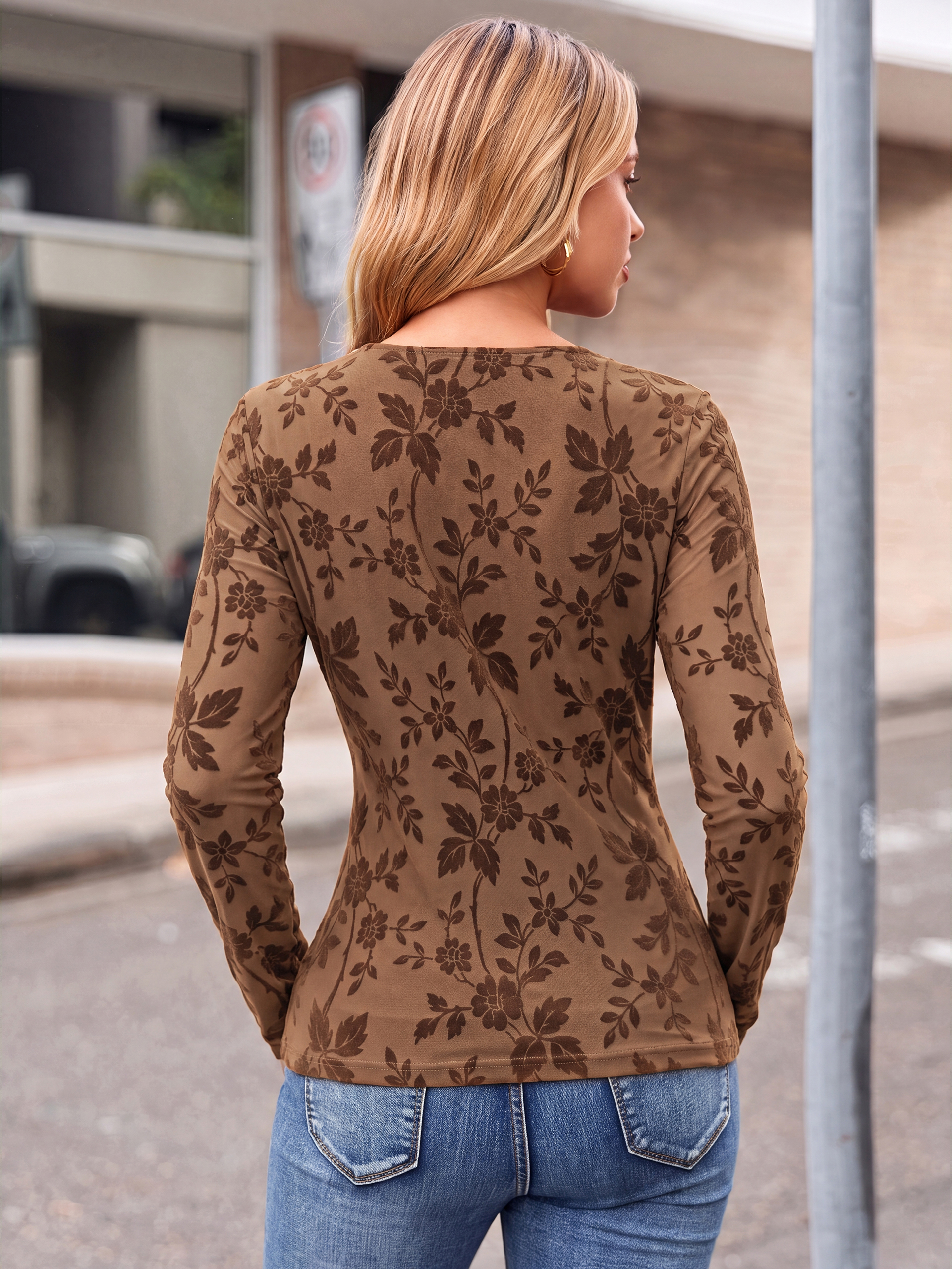 Long Sleeve Flocked Floral Mesh Double Lined Top