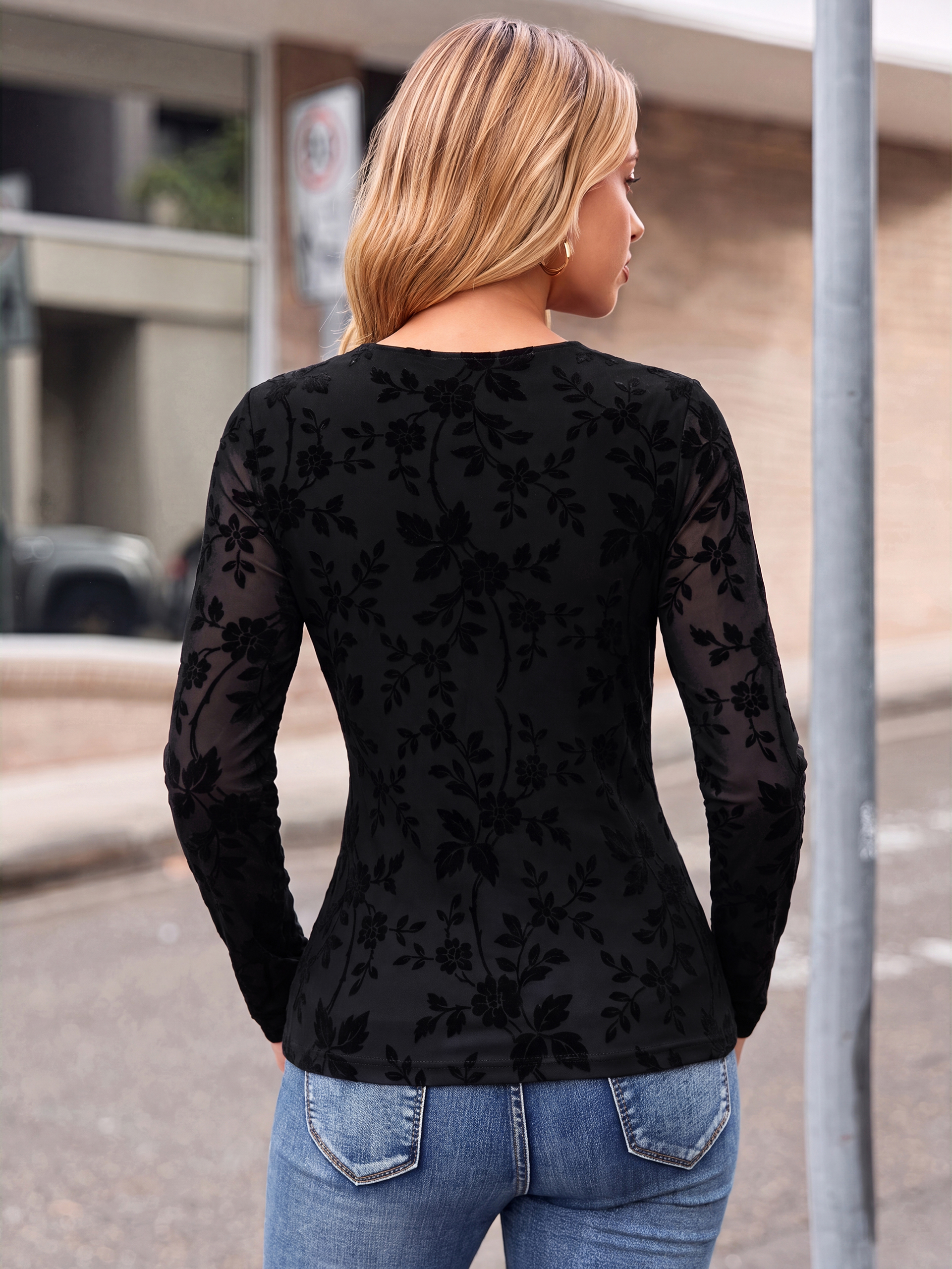 Long Sleeve Flocked Floral Mesh Double Lined Top