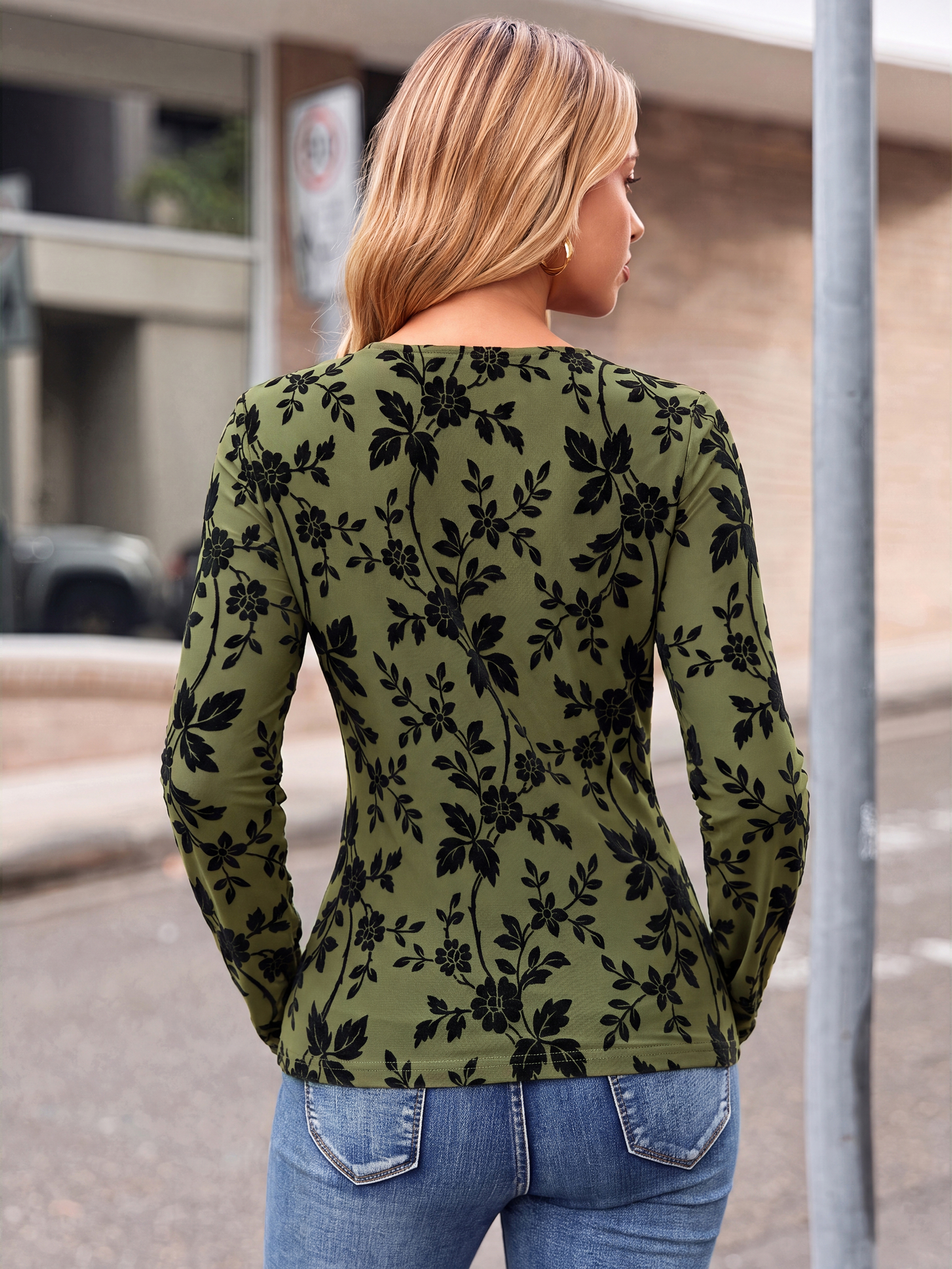 Long Sleeve Flocked Floral Mesh Double Lined Top