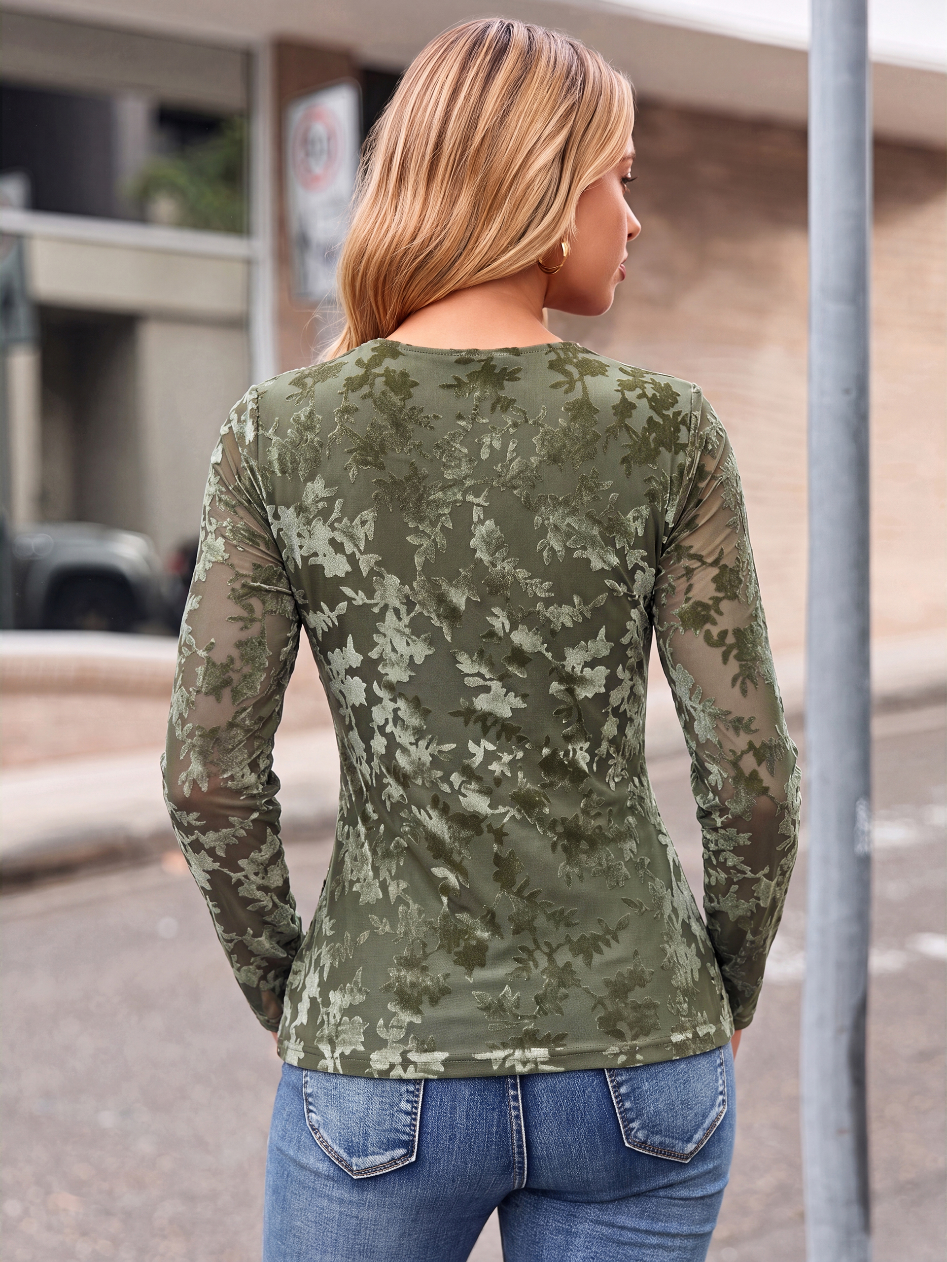 Semi-Sheer Floral Flocked Mesh Long Sleeve Top