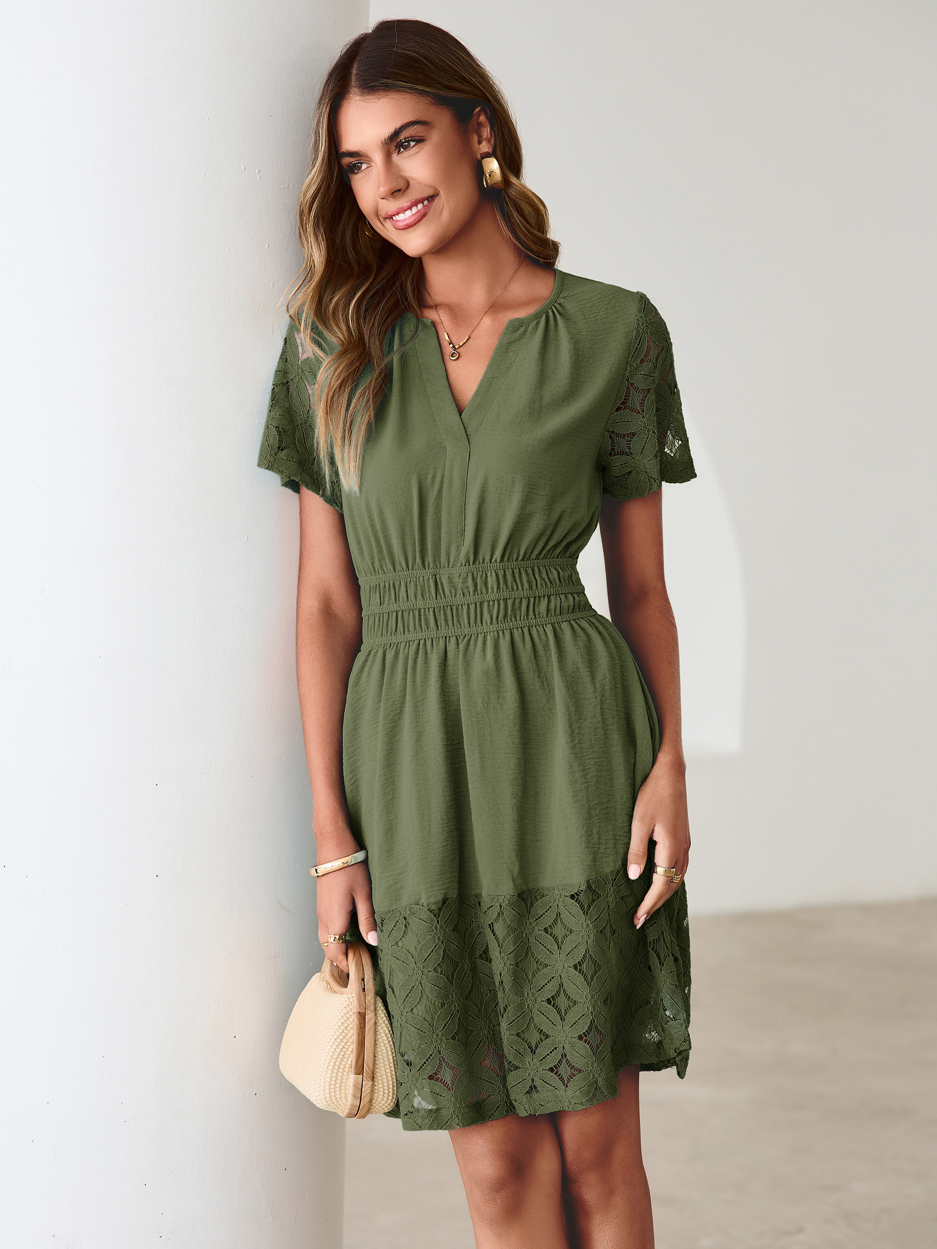 V Neck Crochet Lace Smocked Waist Mini Dress