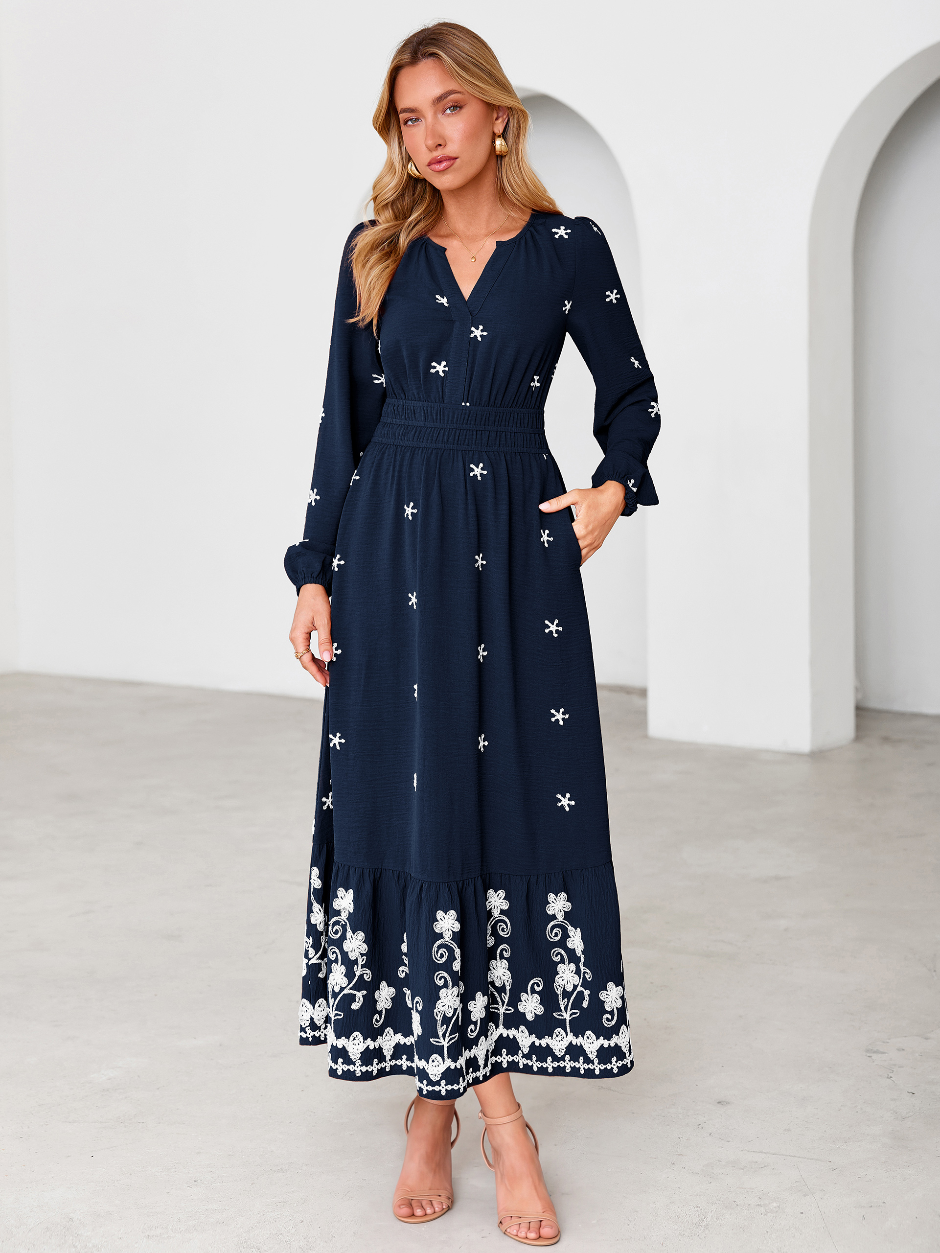 Boho Floral Embroidered Long Sleeve Maxi Dress