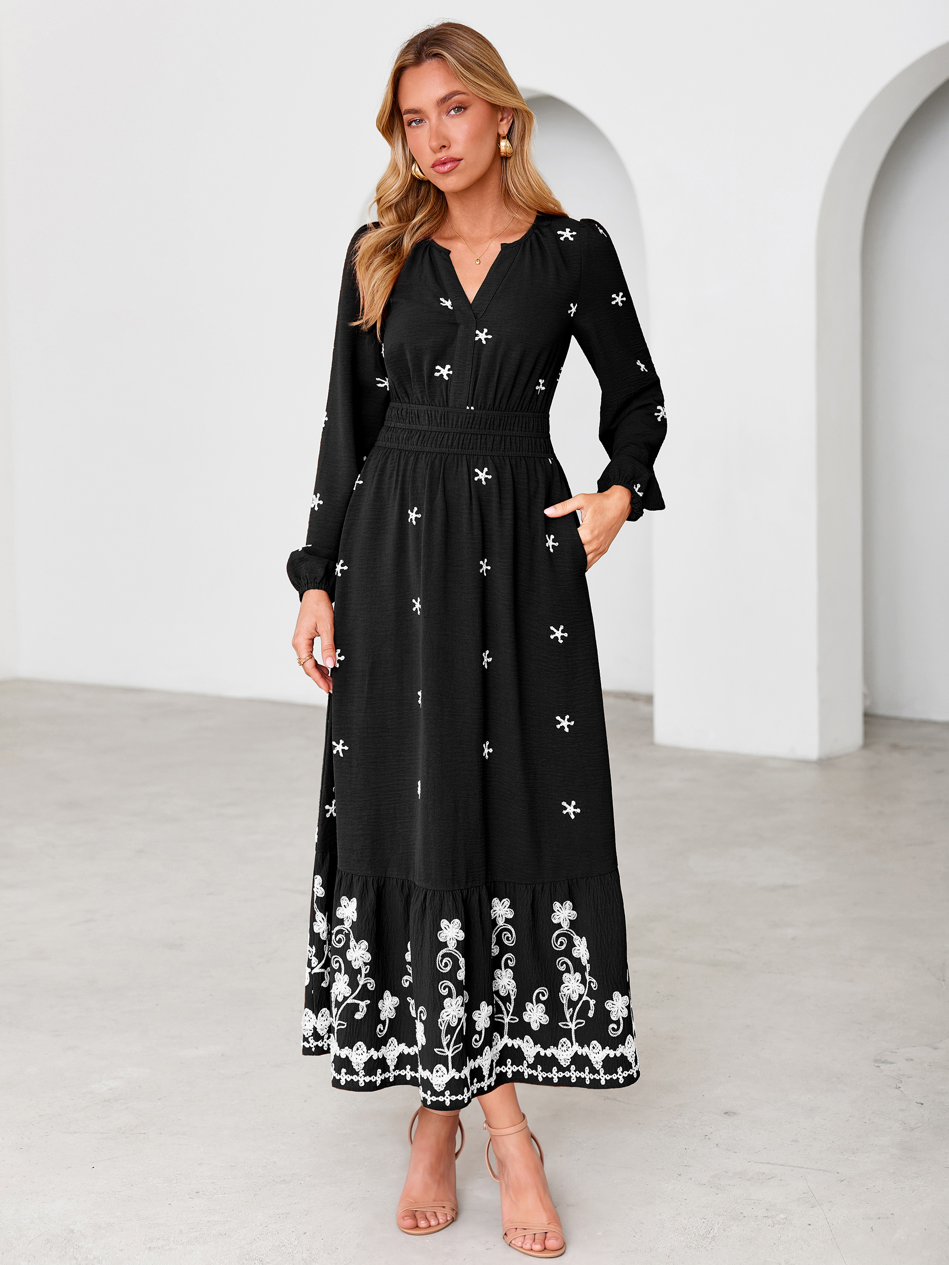 Boho Floral Embroidered Long Sleeve Maxi Dress