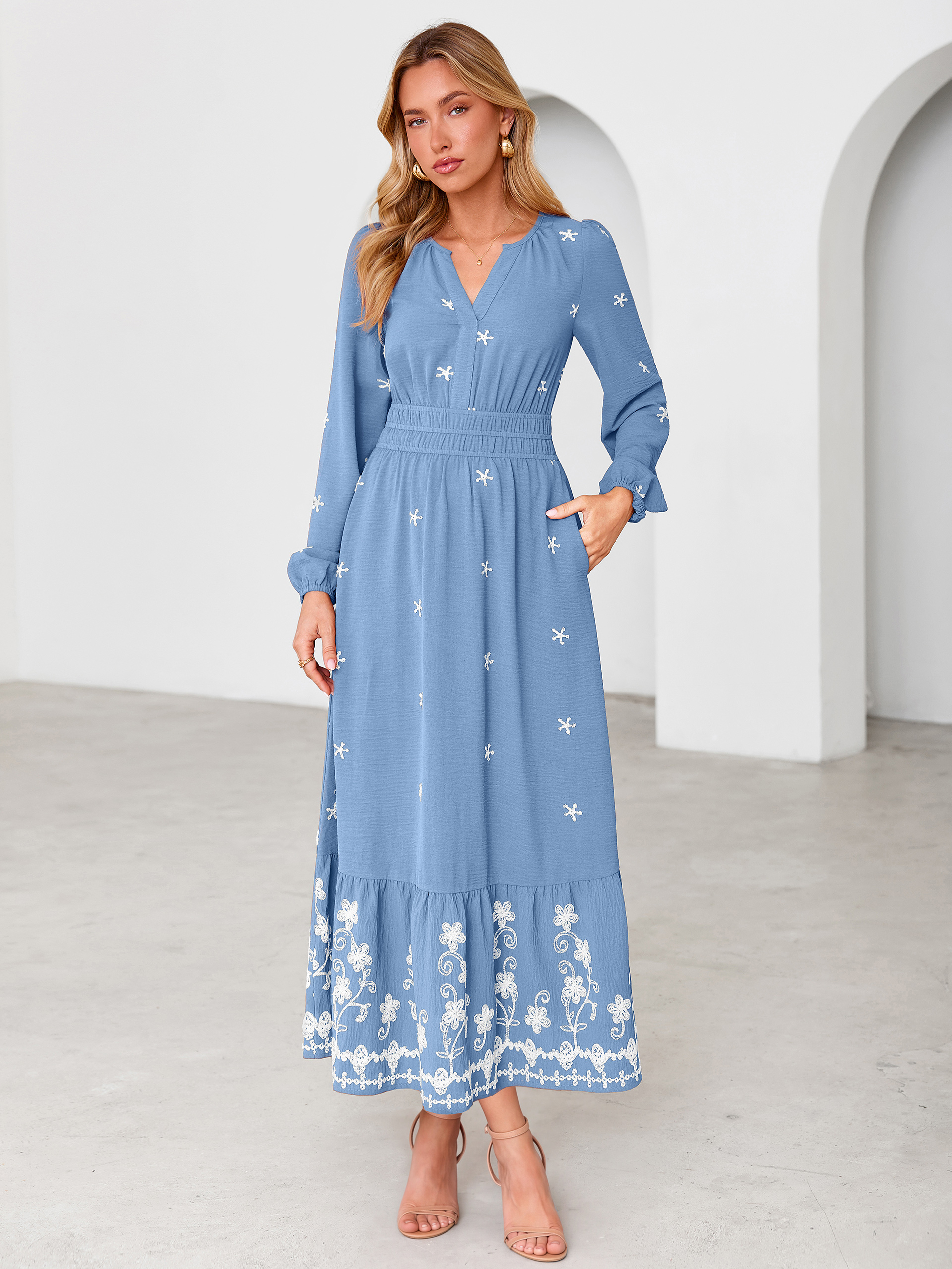 Boho Floral Embroidered Long Sleeve Maxi Dress