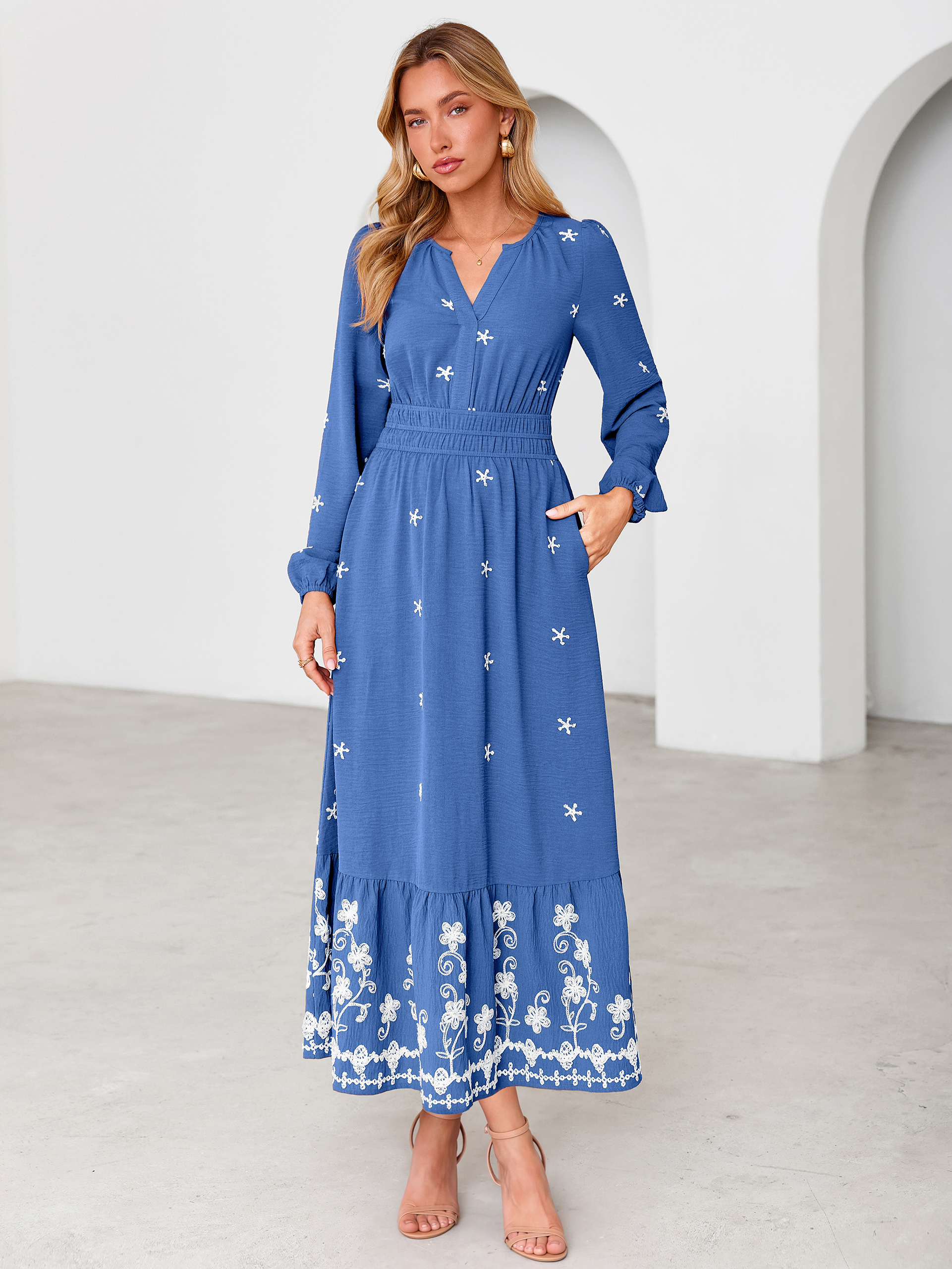 Boho Floral Embroidered Long Sleeve Maxi Dress