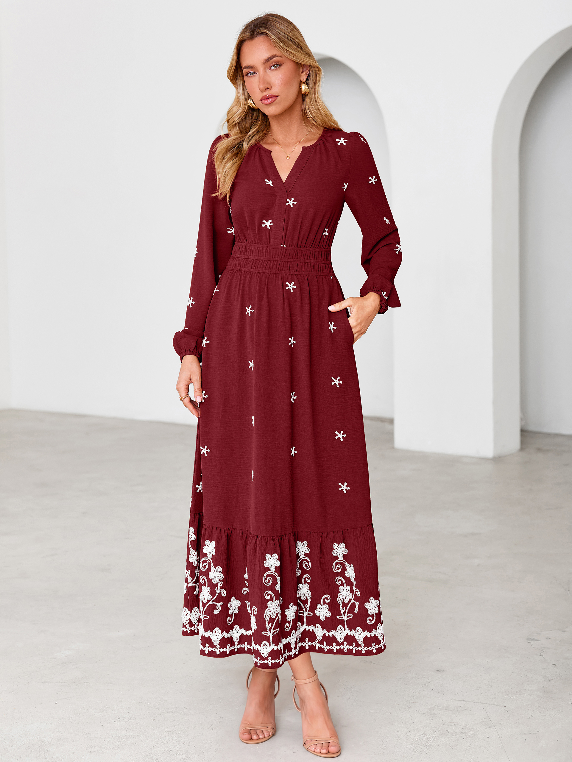 Boho Floral Embroidered Long Sleeve Maxi Dress