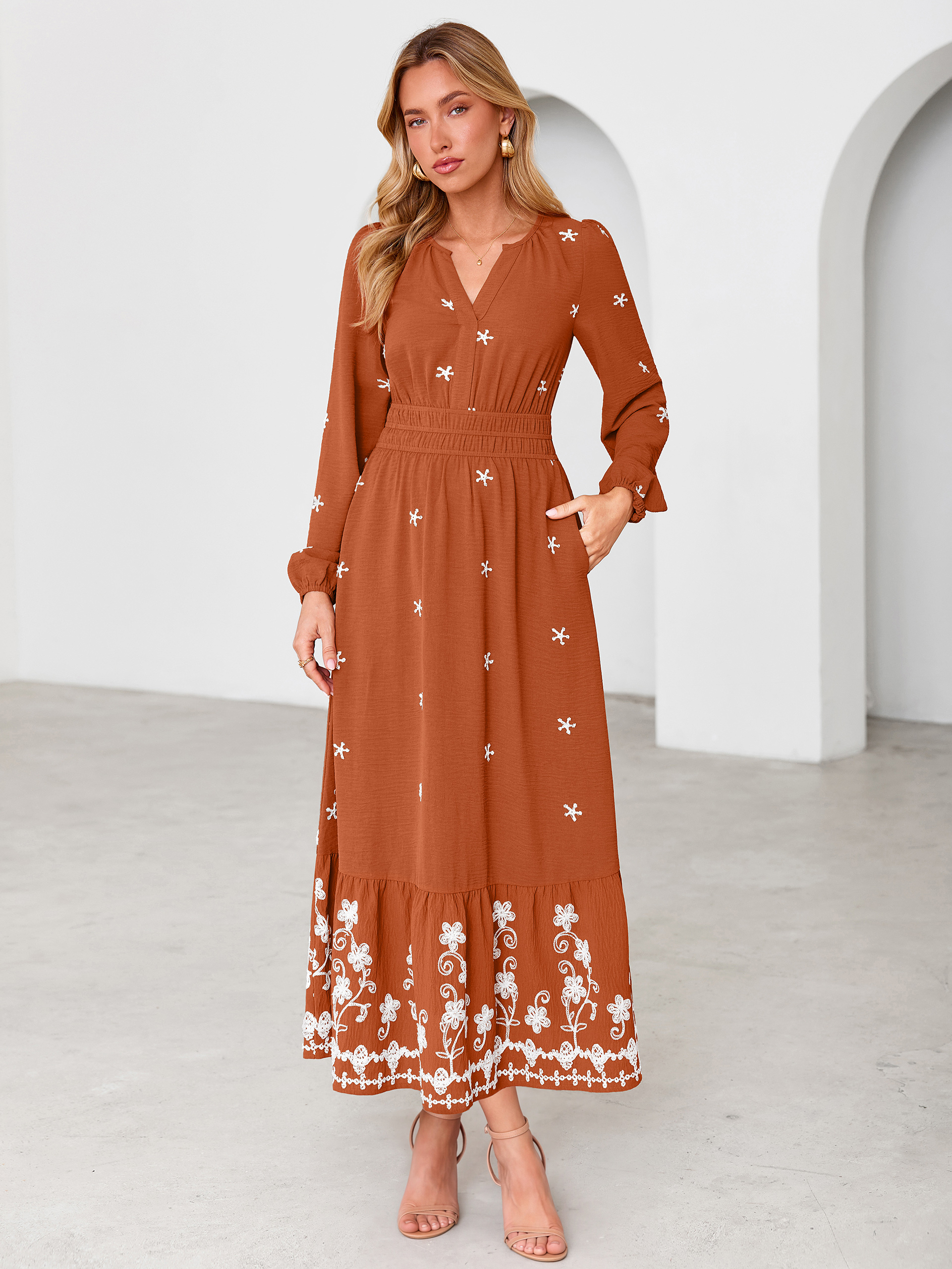 Boho Floral Embroidered Long Sleeve Maxi Dress