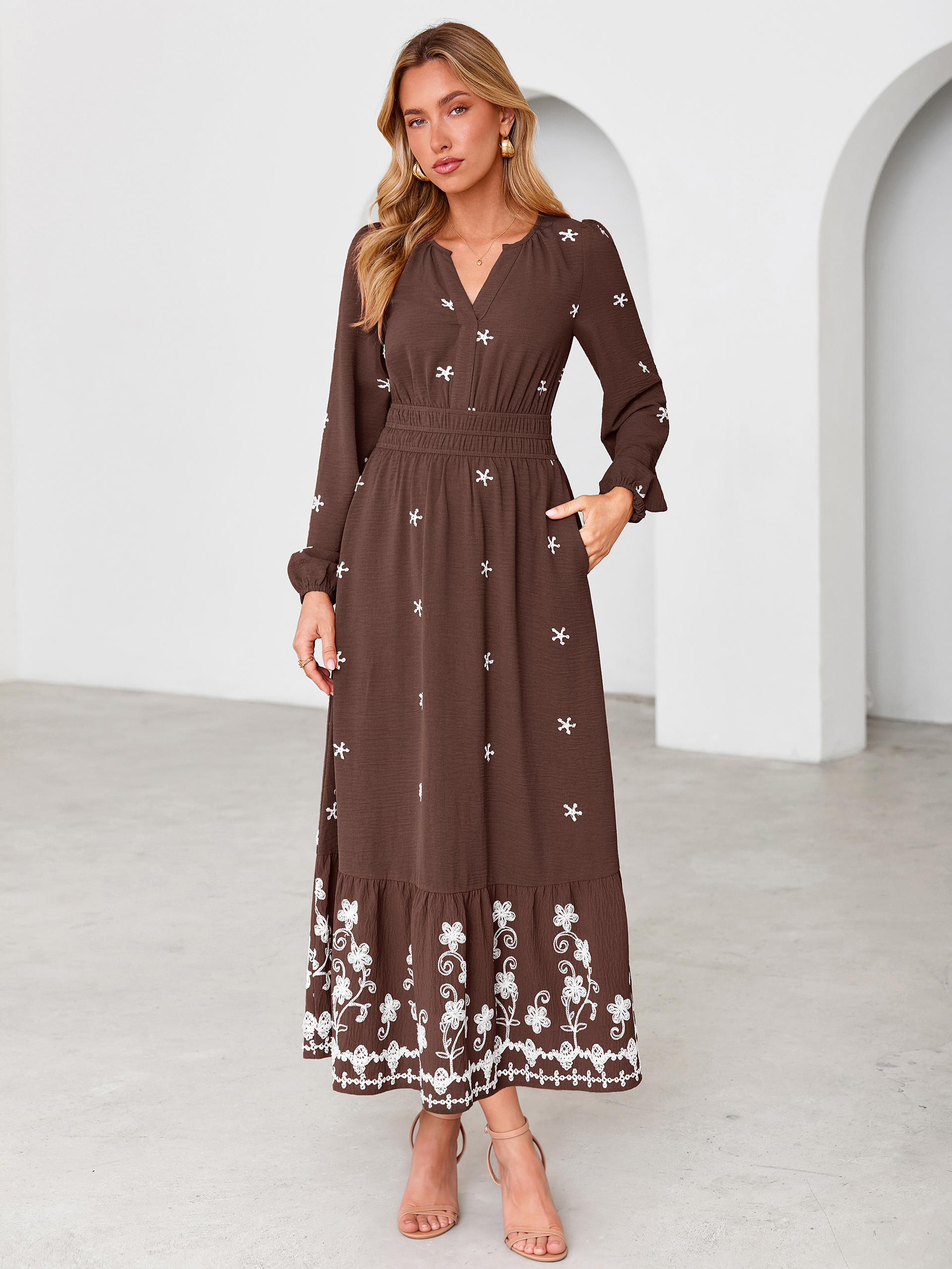 Boho Floral Embroidered Long Sleeve Maxi Dress