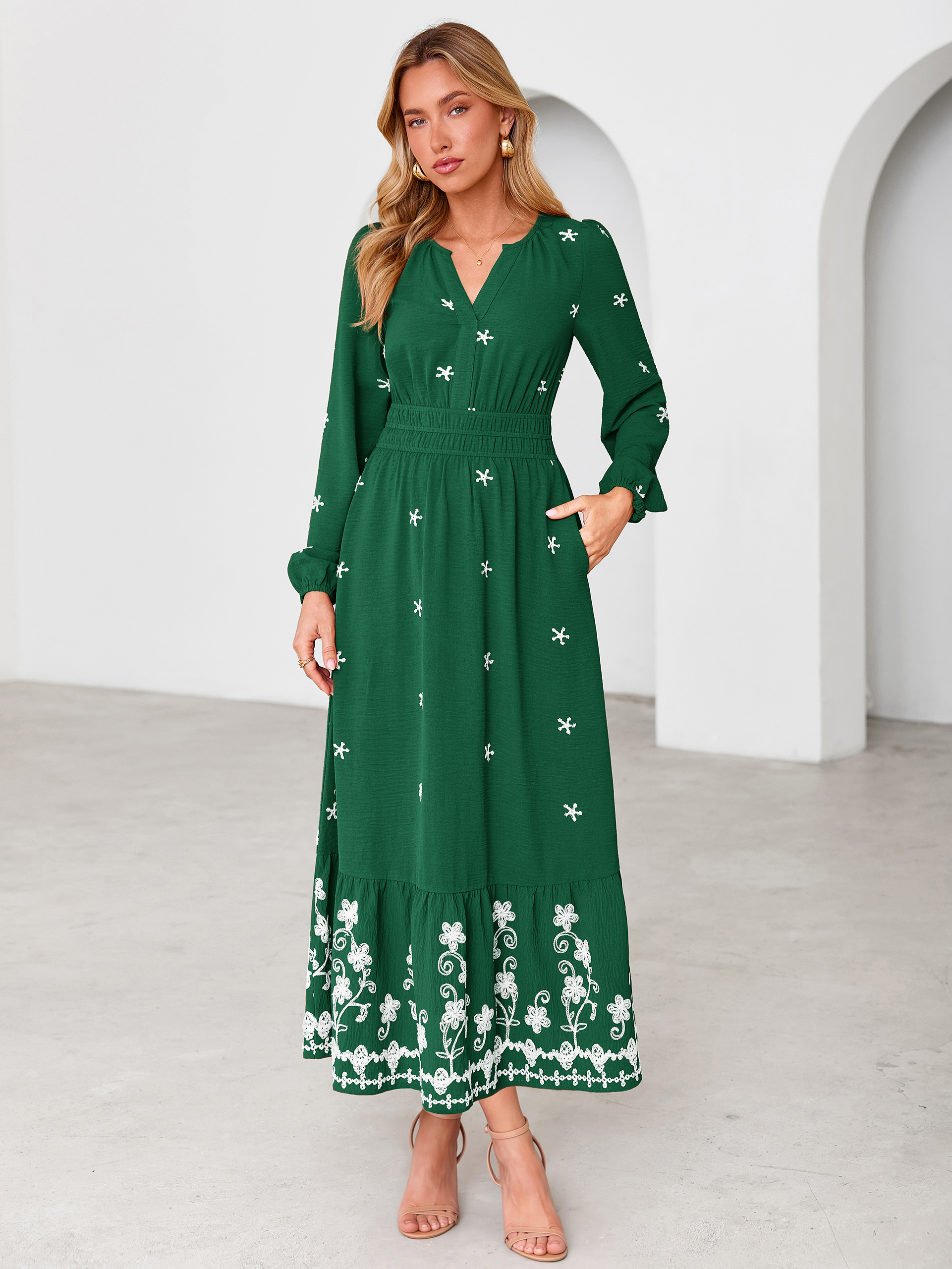Boho Floral Embroidered Long Sleeve Maxi Dress