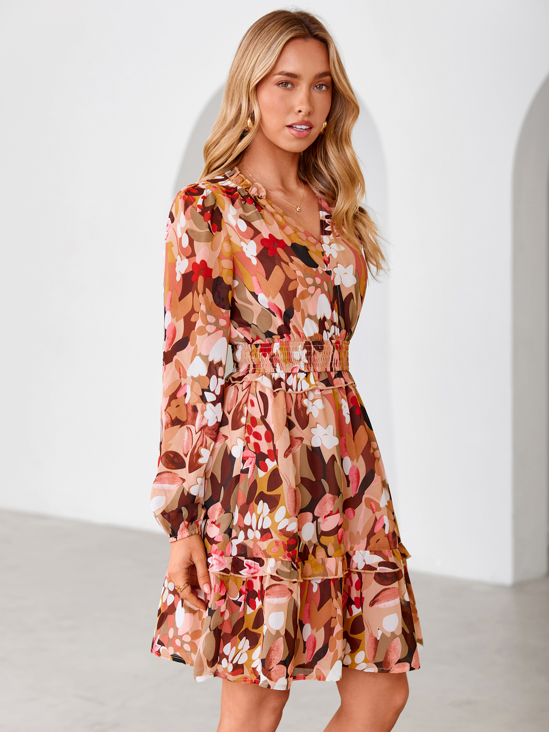Chiffon Floral Print Long Sleeve Smocked Mini Dress