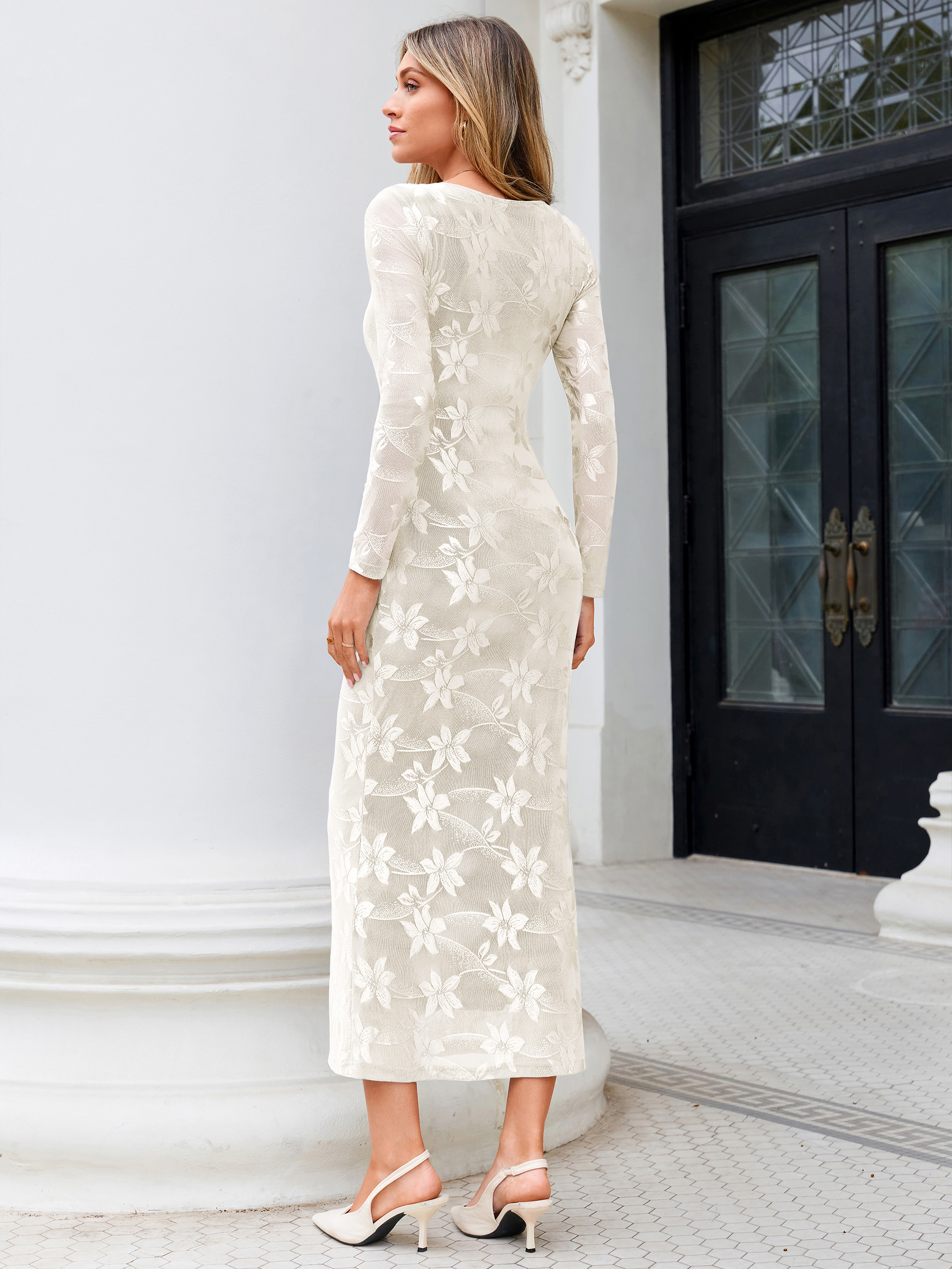 Floral Embossed Mesh Square Neck Bodycon Maxi Dress