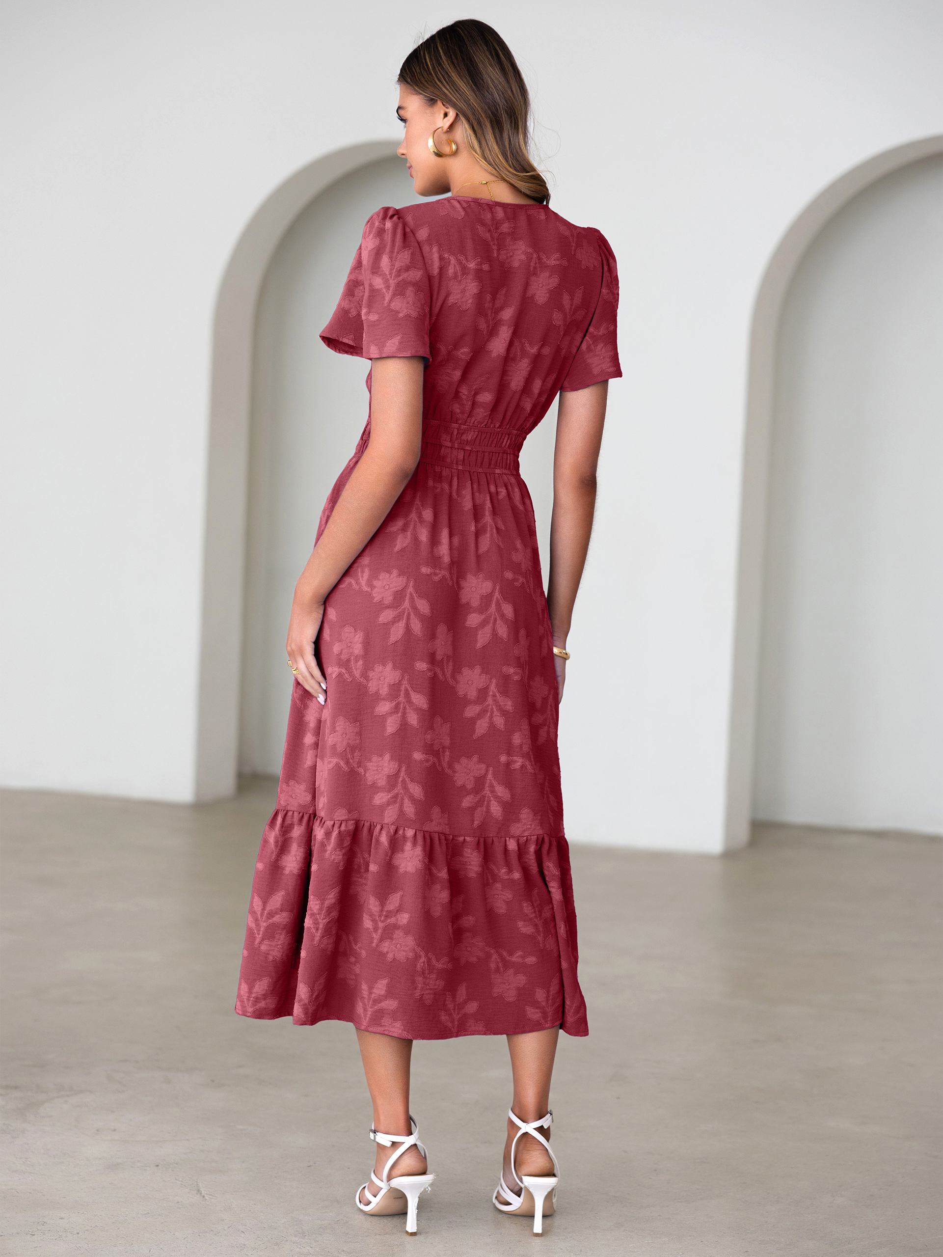 V Neck Burnout Floral Ruffle Maxi Dress