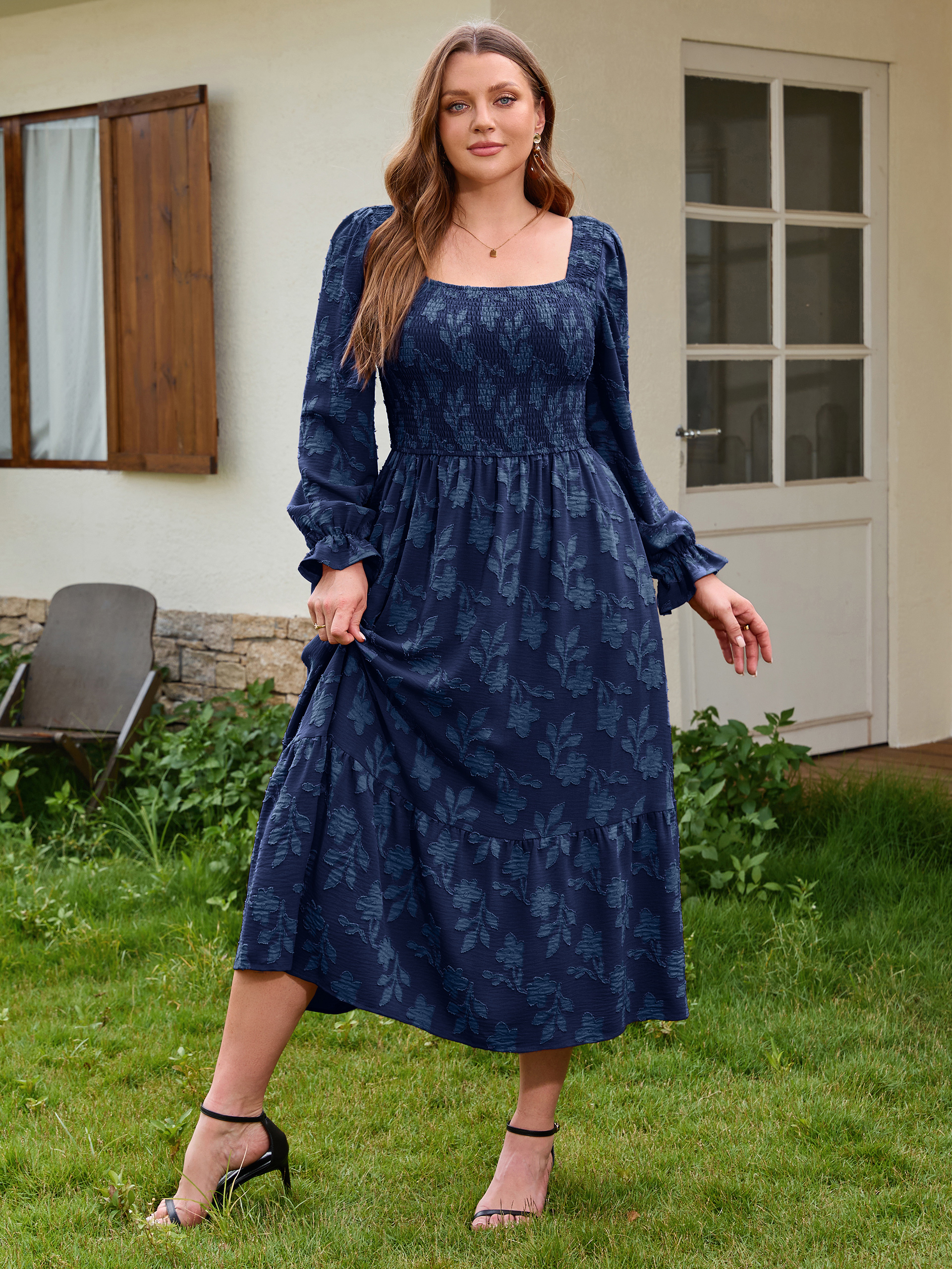 Plus Size Smocked Square Neck Long Sleeve Floral Maxi Dress
