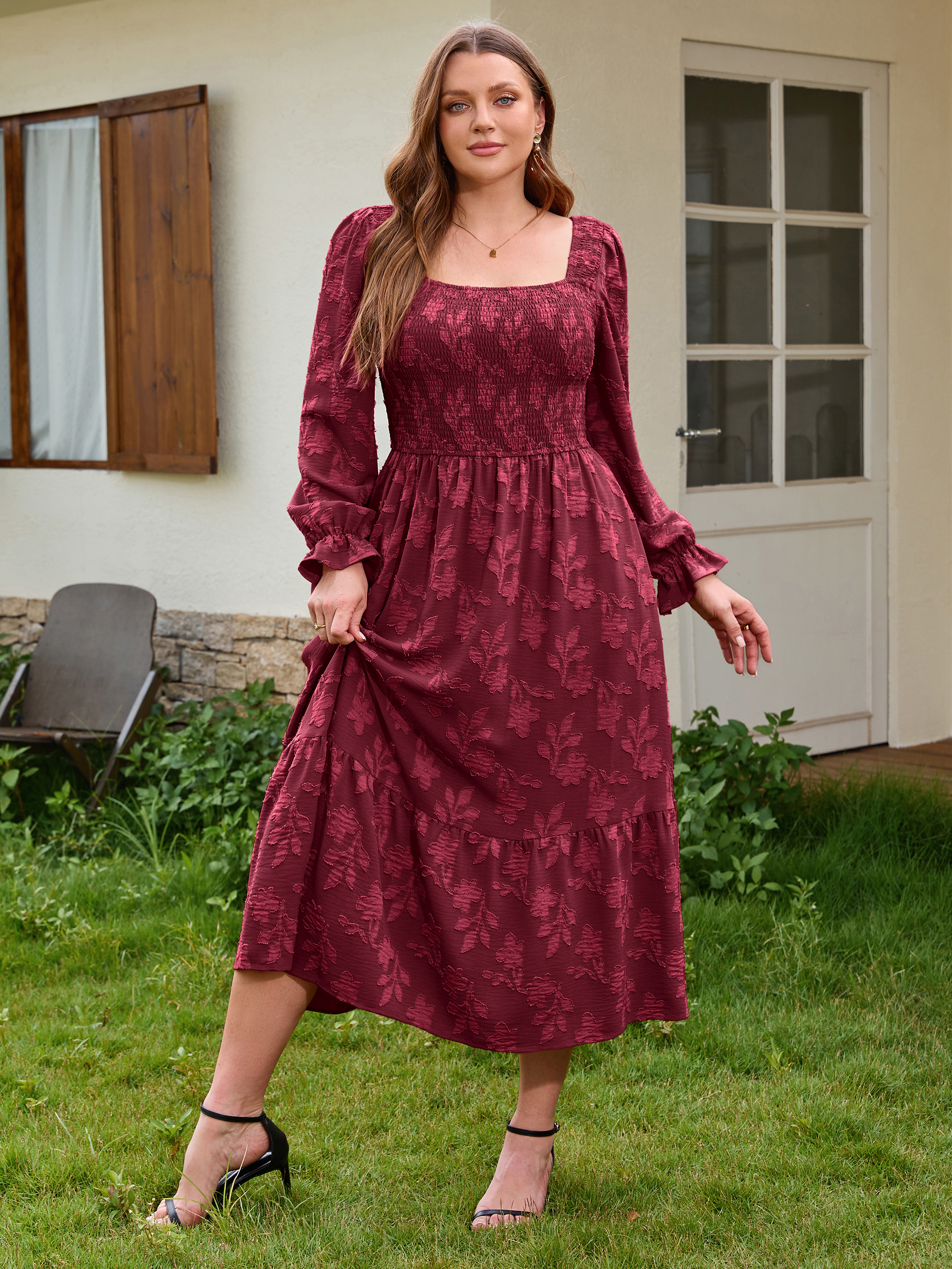 Plus Size Smocked Square Neck Long Sleeve Floral Maxi Dress