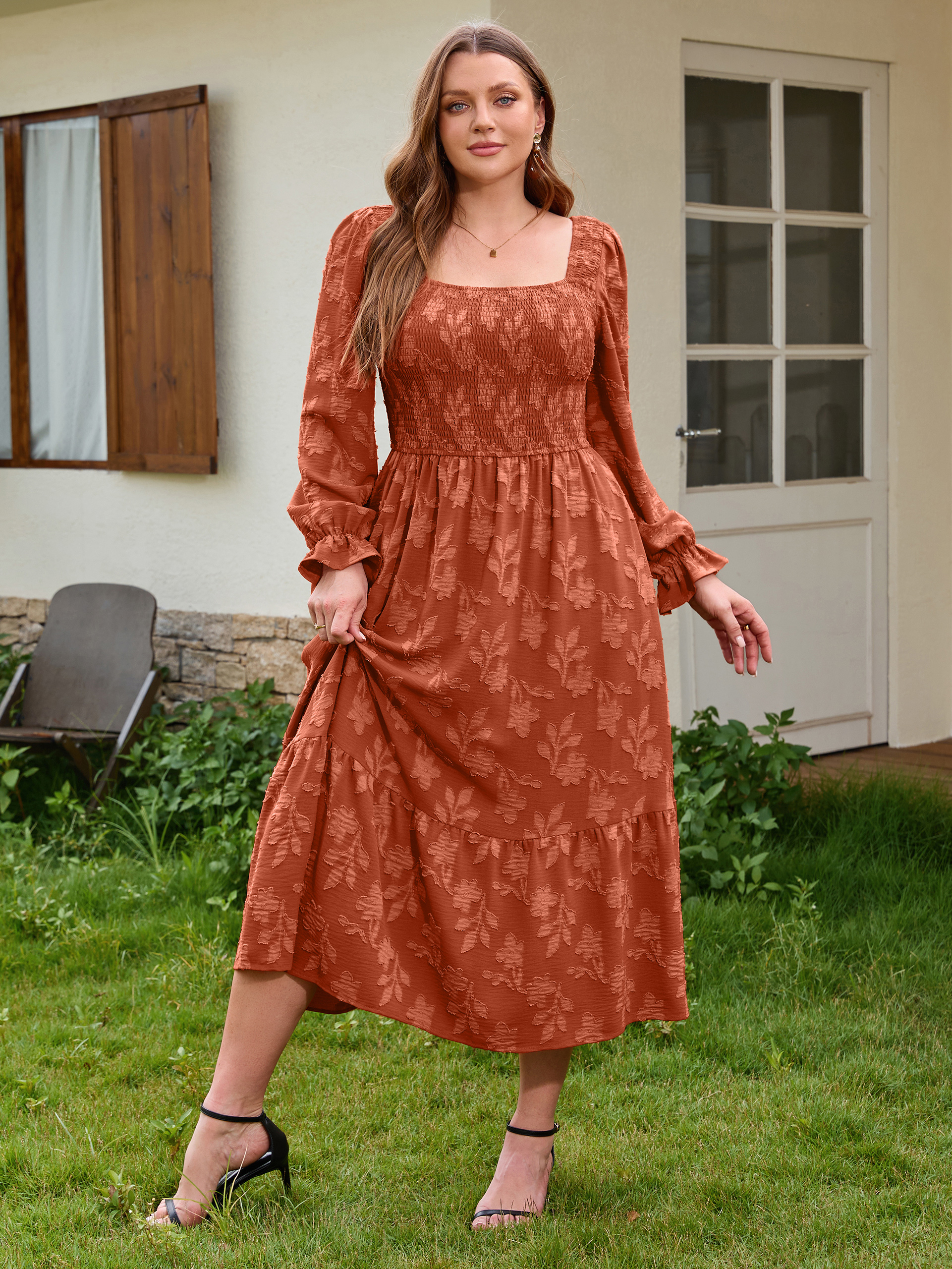 Plus Size Smocked Square Neck Long Sleeve Floral Maxi Dress