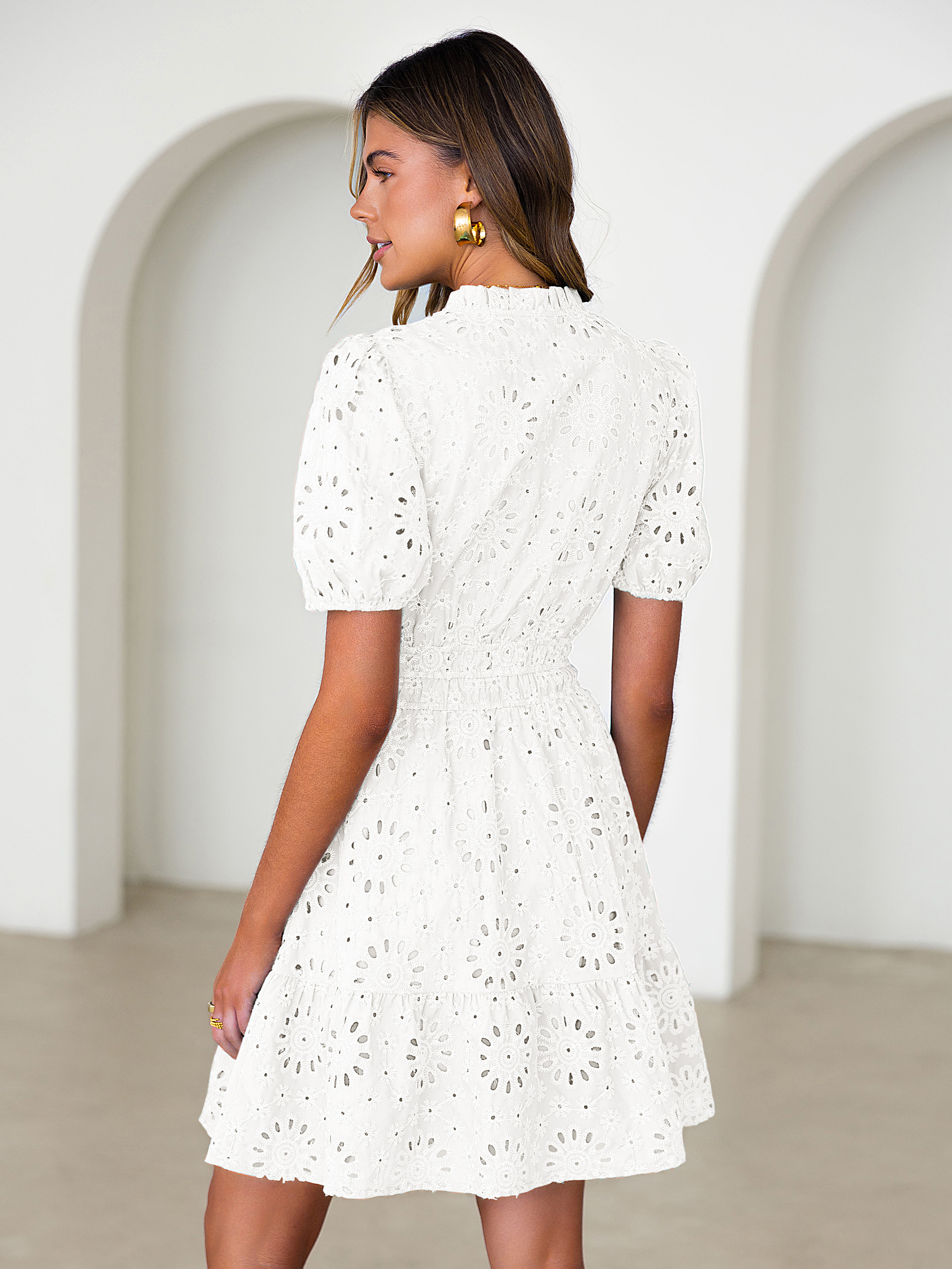 Eyelet Embroidery V Neck Smocked Mini Dress