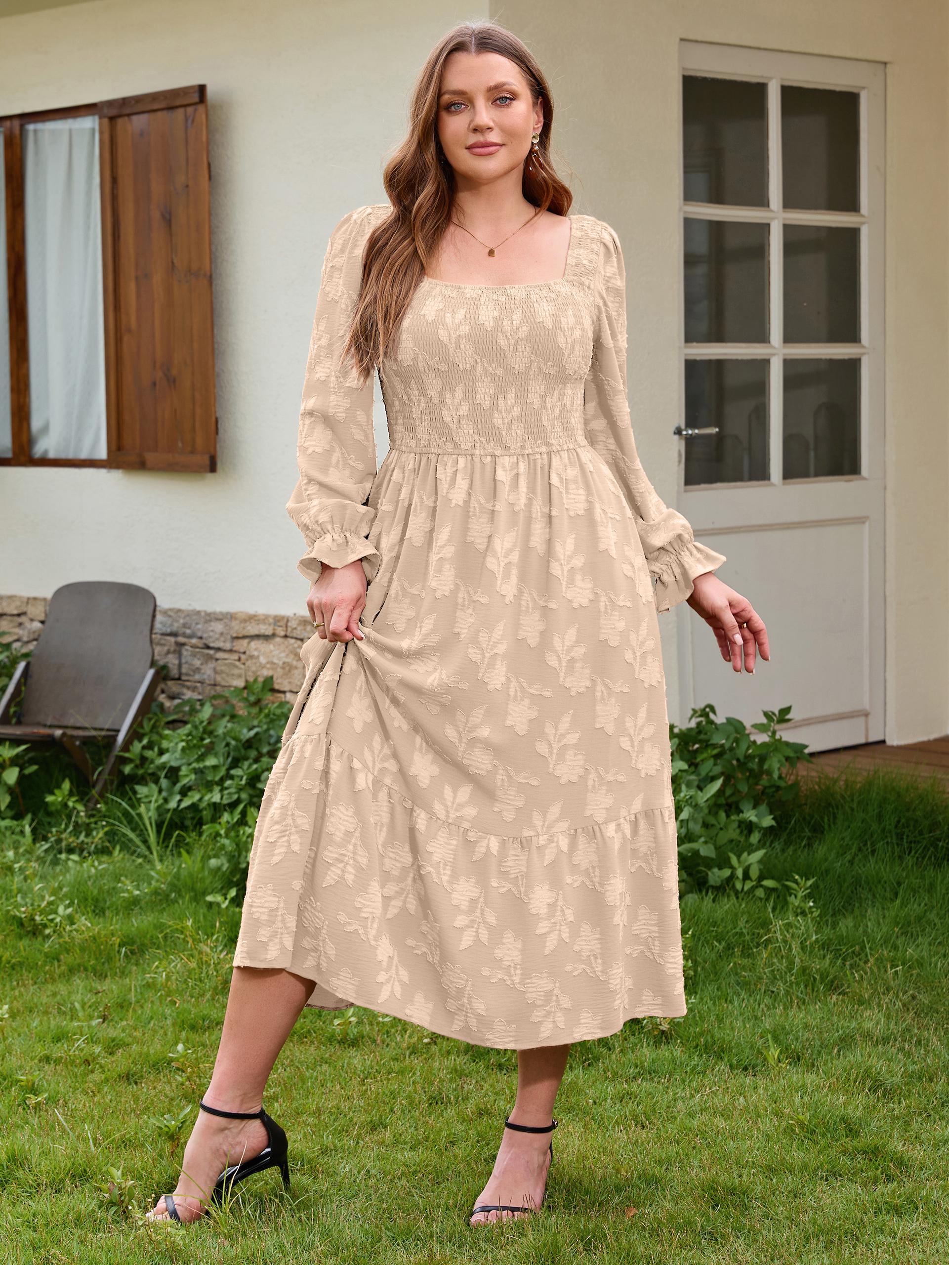 Plus Size Smocked Square Neck Long Sleeve Floral Maxi Dress