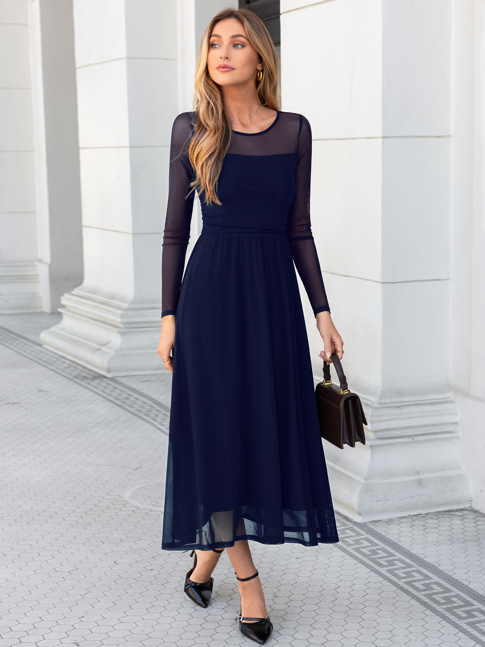 Long Sleeve Sheer Mesh Fit and Flare Maxi Dress