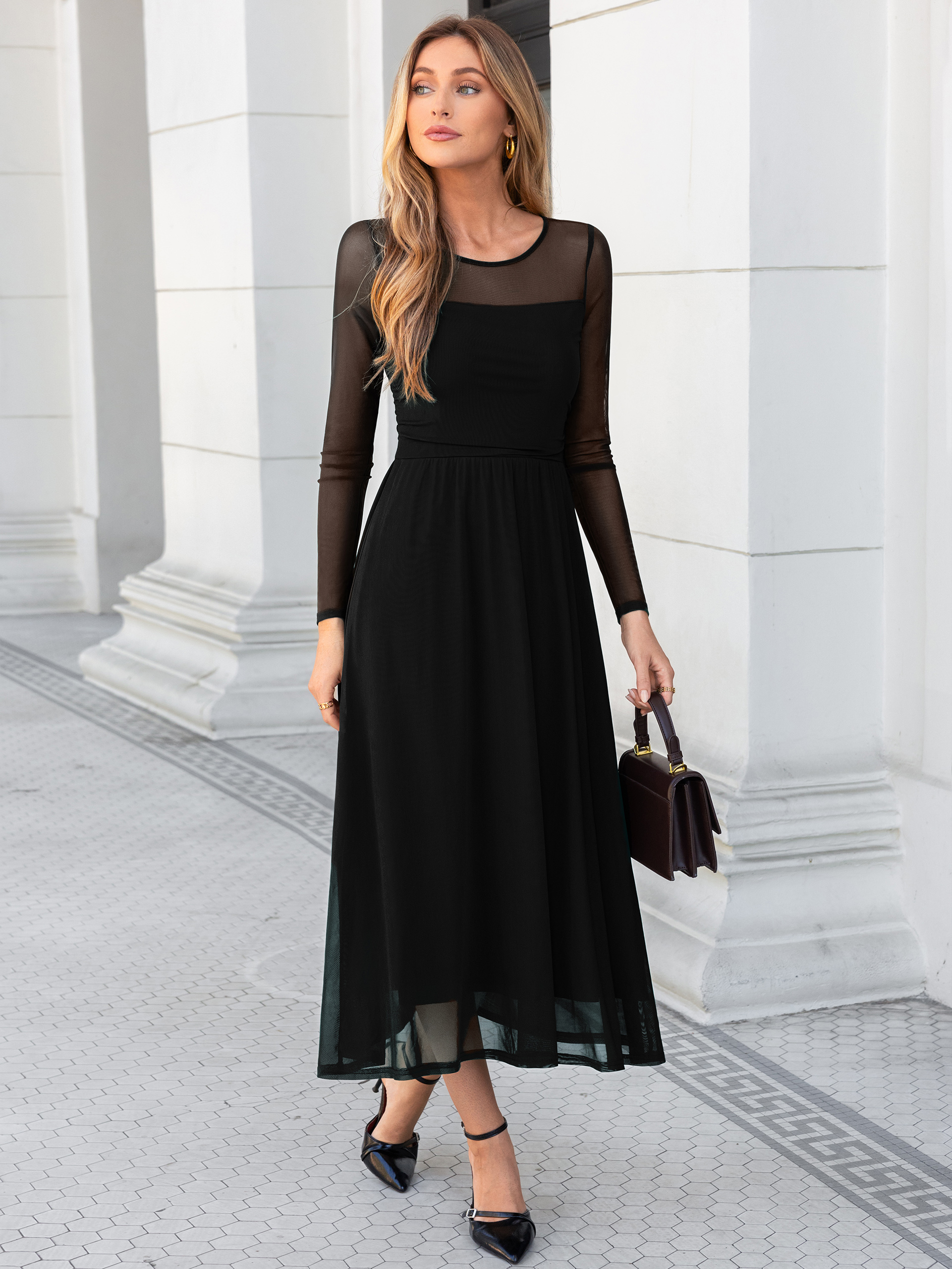 Long Sleeve Sheer Mesh Fit and Flare Maxi Dress
