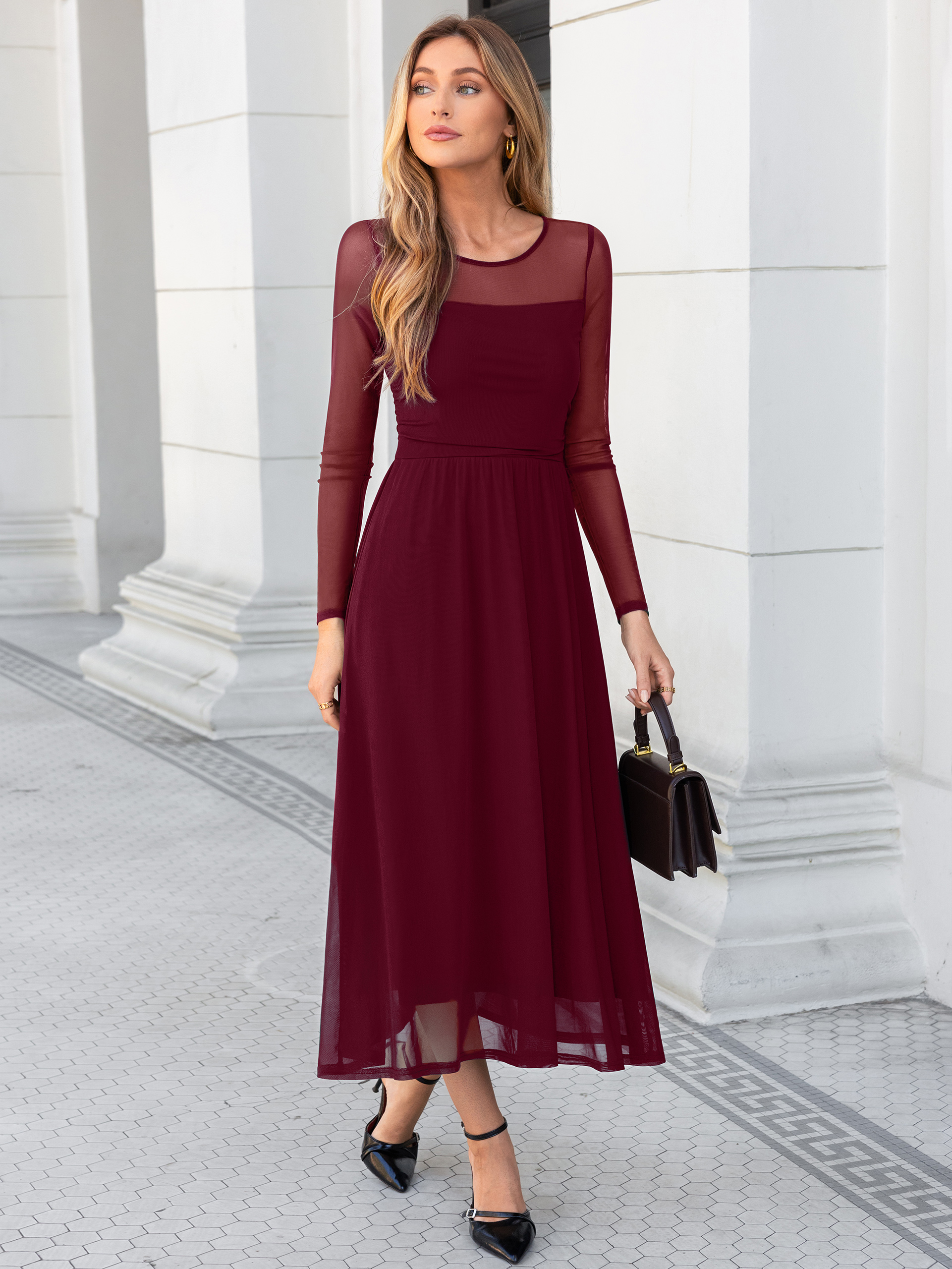 Long Sleeve Sheer Mesh Fit and Flare Maxi Dress